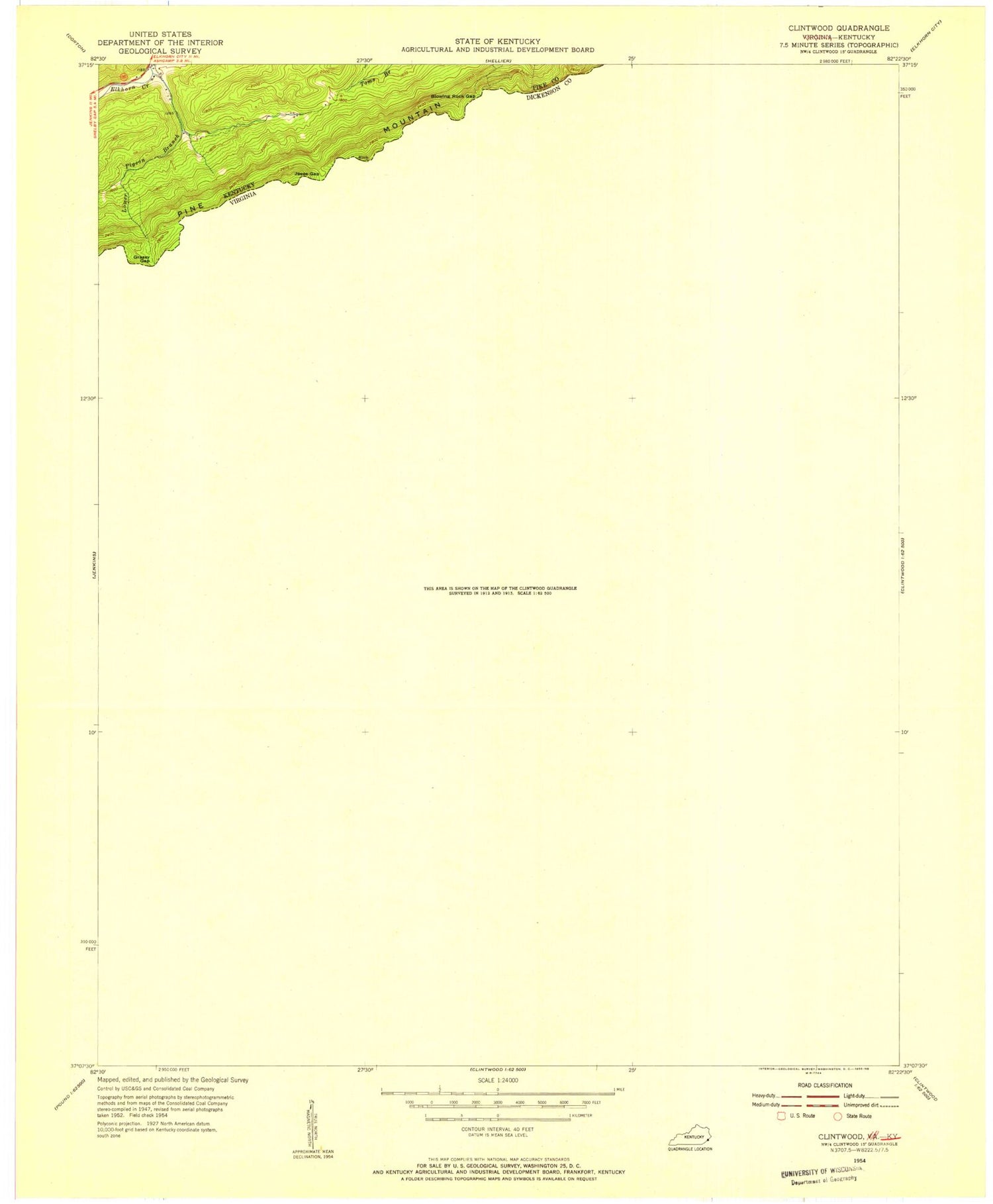 Classic USGS Clintwood Virginia 7.5'x7.5' Topo Map Image