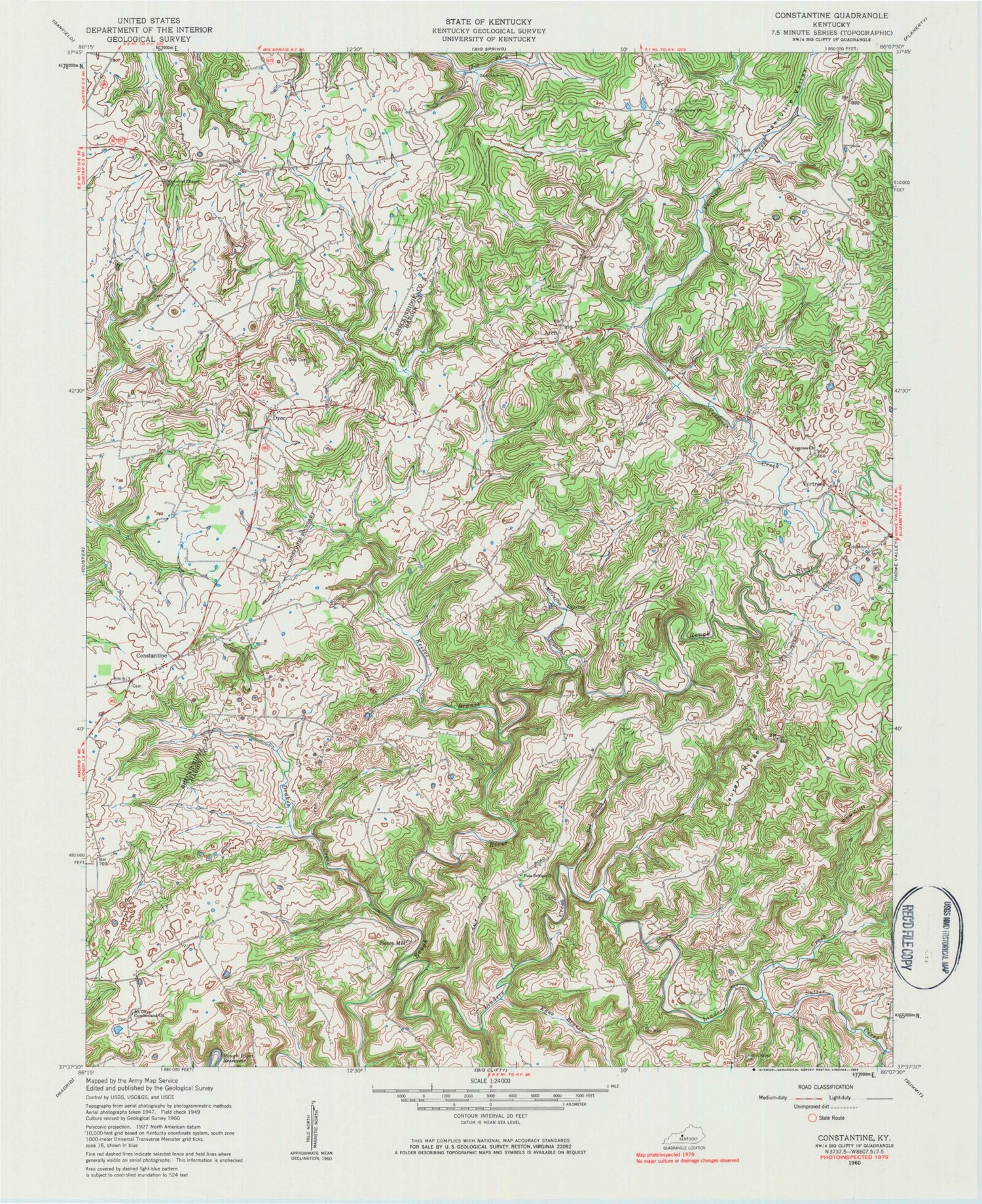 Classic USGS Constantine Kentucky 7.5'x7.5' Topo Map Image