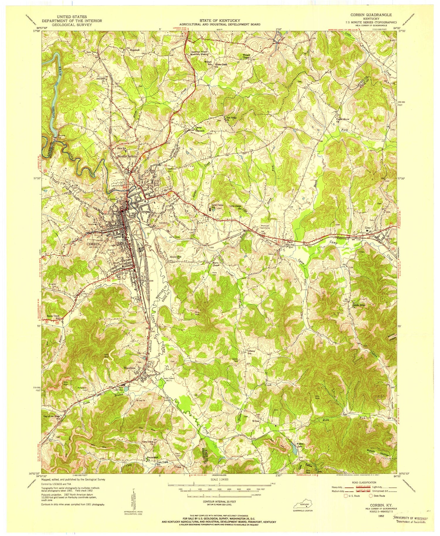 Classic USGS Corbin Kentucky 7.5'x7.5' Topo Map Image