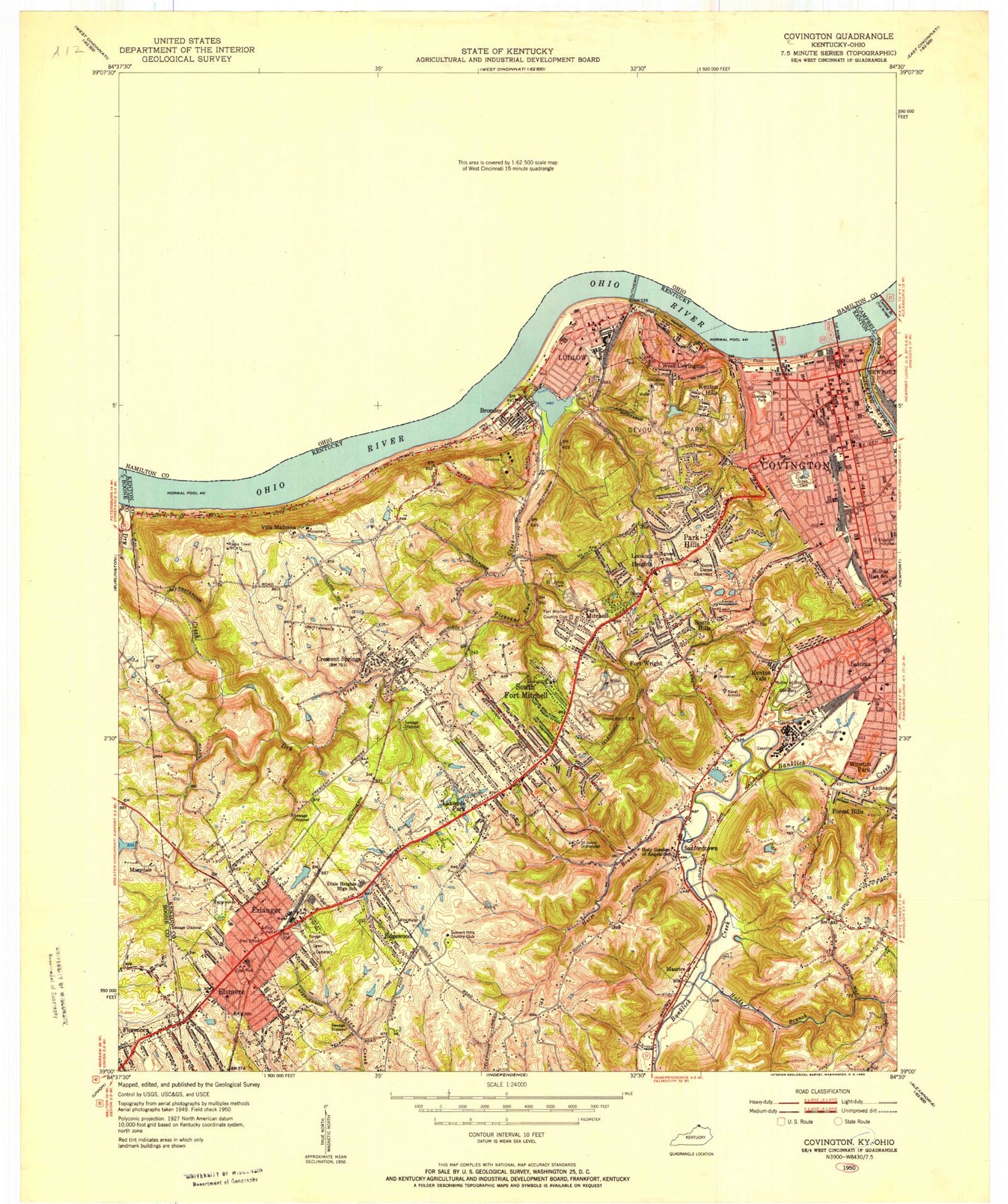 Classic USGS Covington Kentucky 7.5'x7.5' Topo Map Image