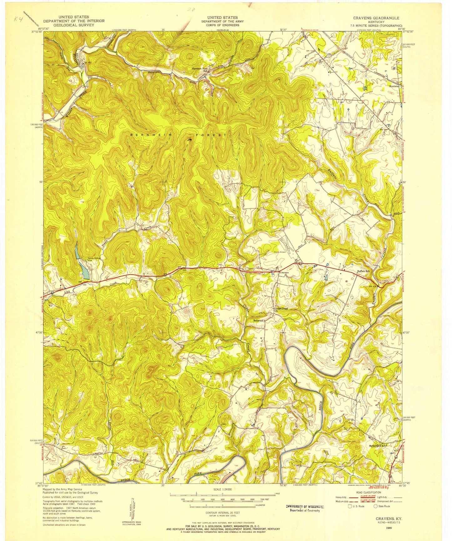 Classic USGS Cravens Kentucky 7.5'x7.5' Topo Map Image