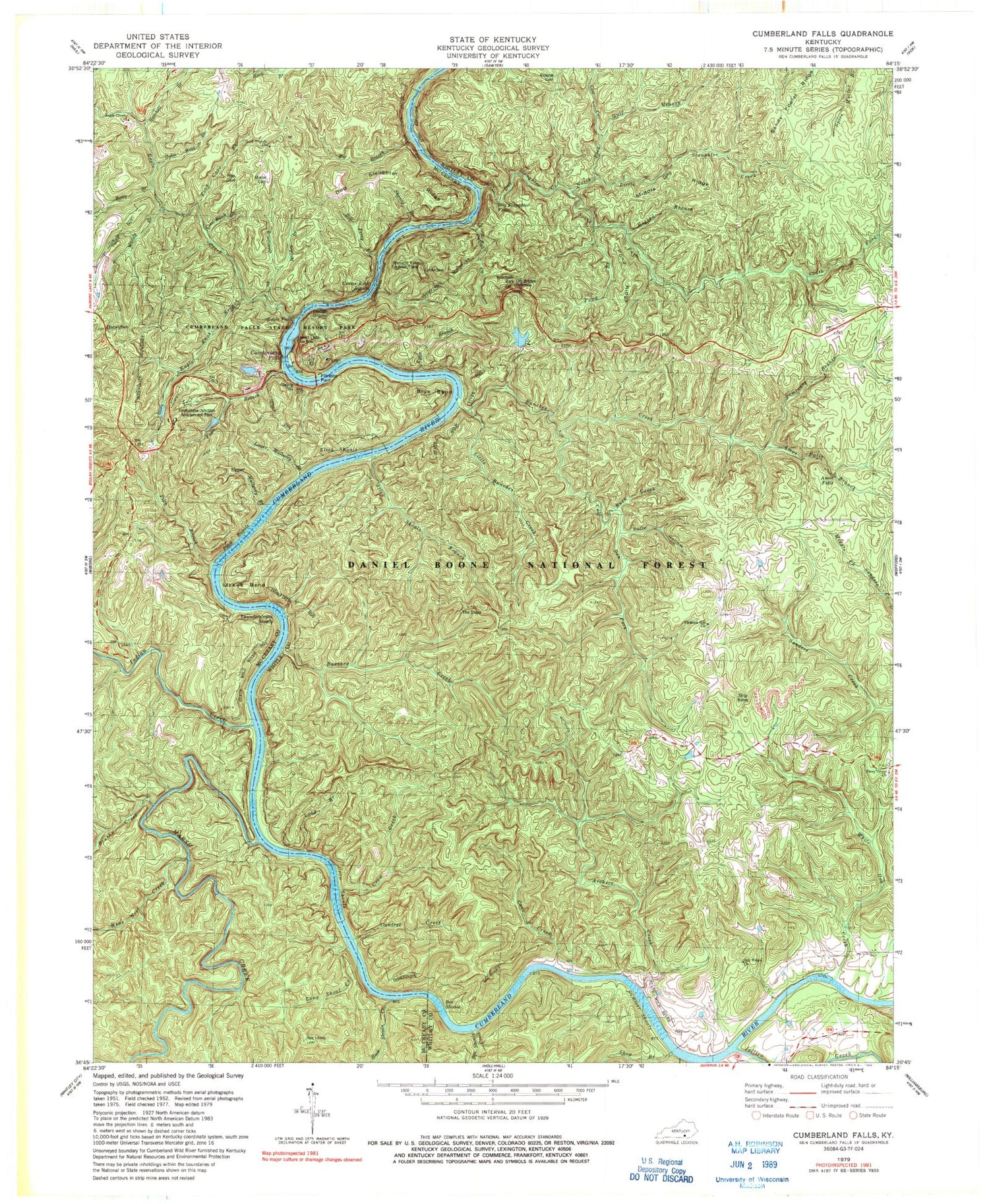 Classic USGS Cumberland Falls Kentucky 7.5'x7.5' Topo Map Image