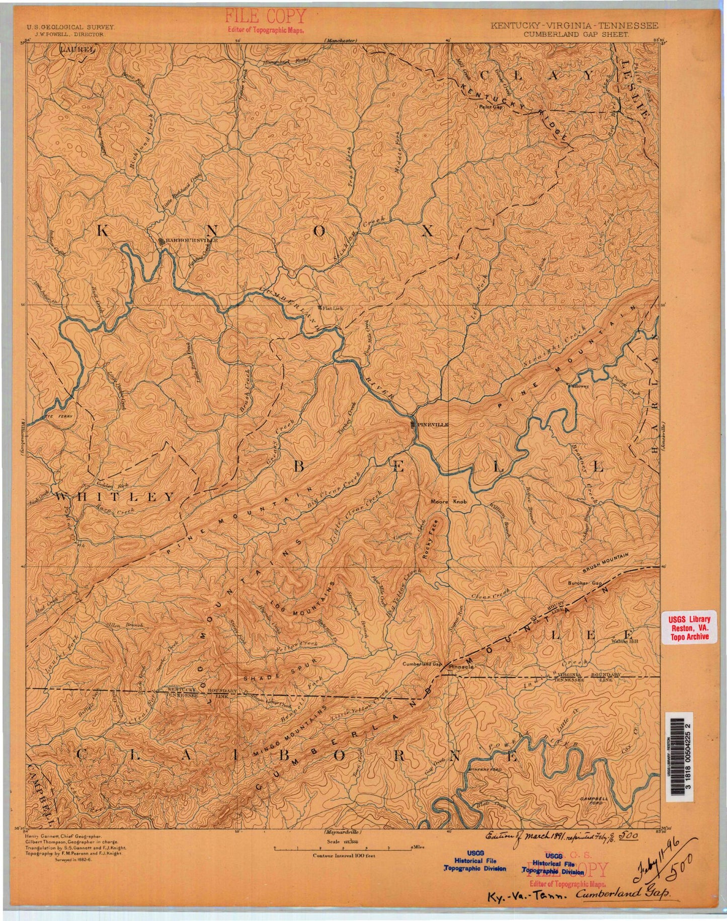 Historic 1886 Cumberland Gap Kentucky 30'x30' Topo Map Image