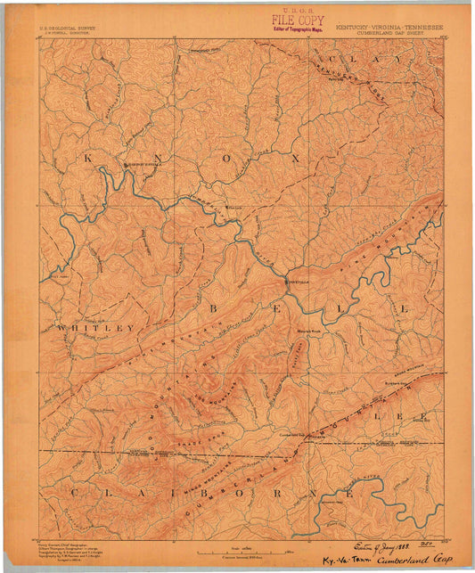 Historic 1888 Cumberland Gap Kentucky 30'x30' Topo Map Image