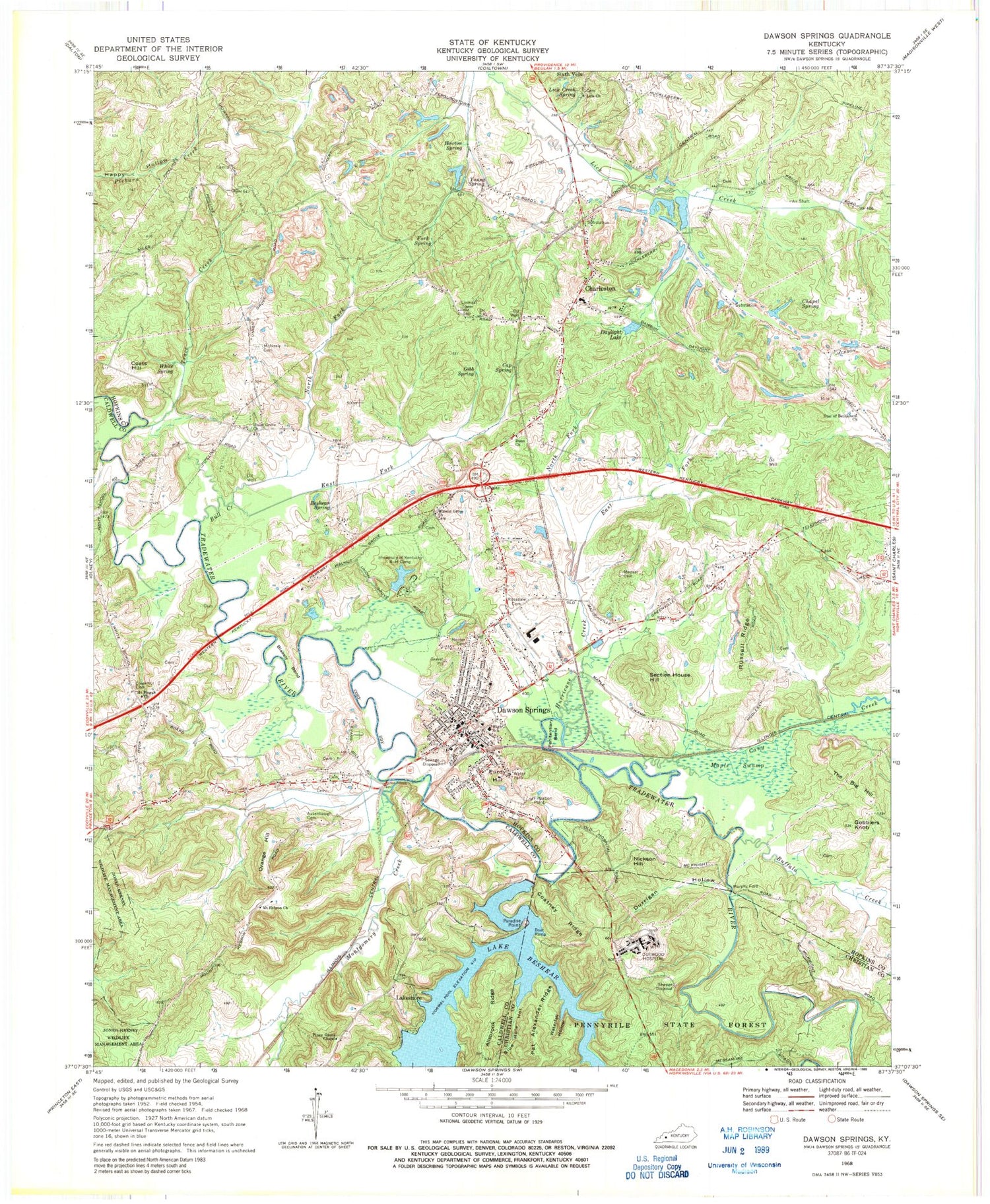 Classic USGS Dawson Springs Kentucky 7.5'x7.5' Topo Map Image