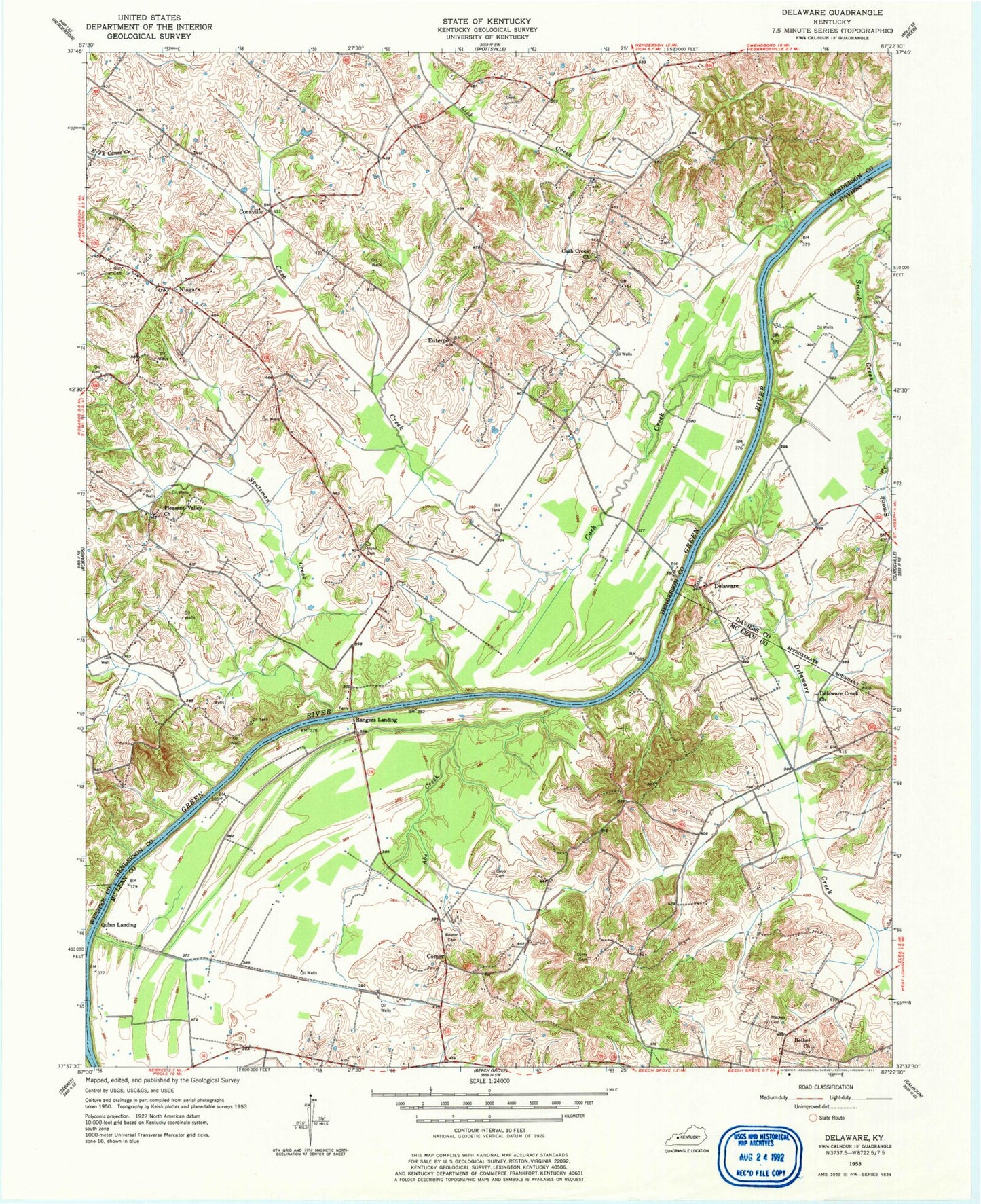 Classic USGS Delaware Kentucky 7.5'x7.5' Topo Map Image
