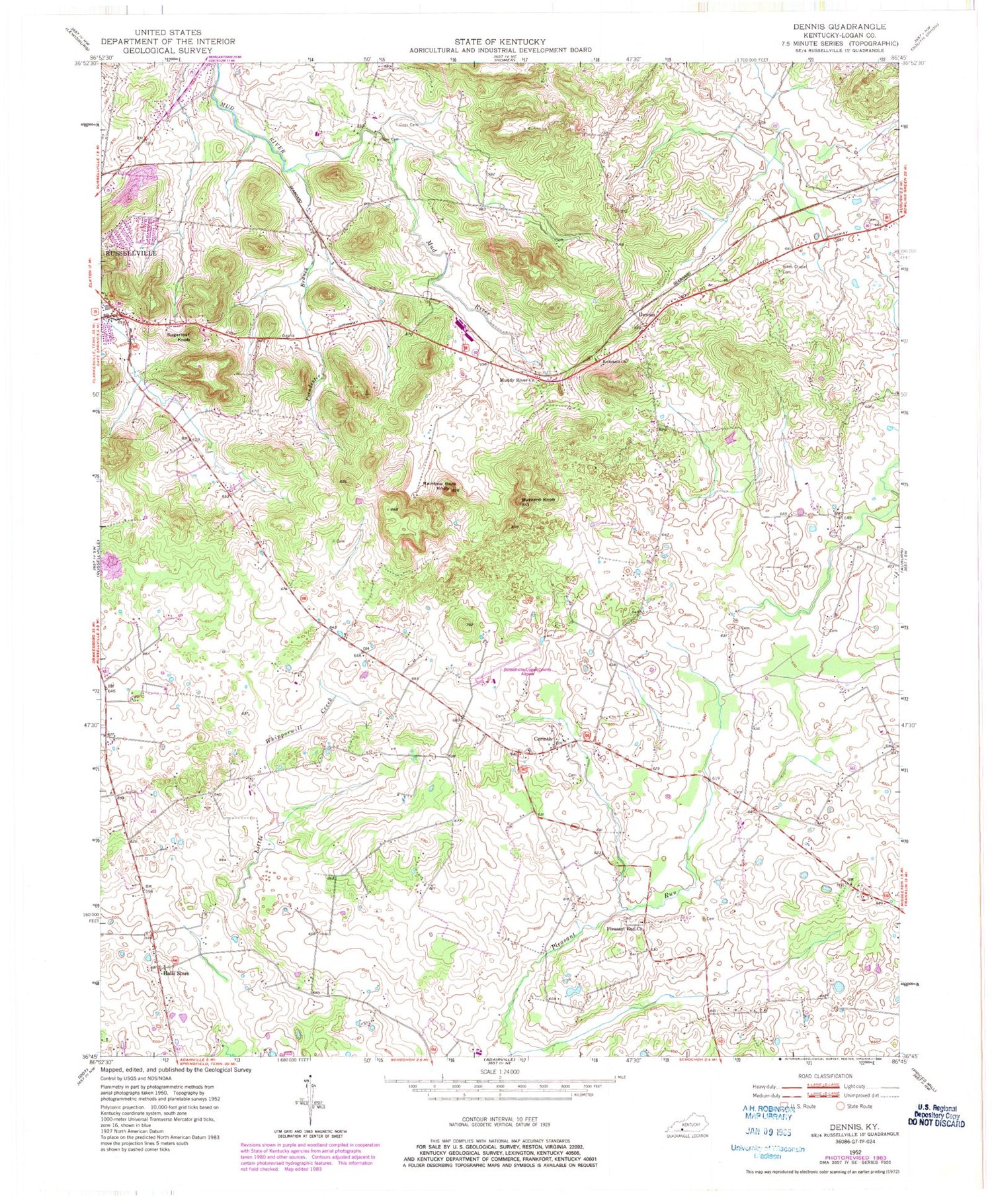 Classic USGS Dennis Kentucky 7.5'x7.5' Topo Map Image