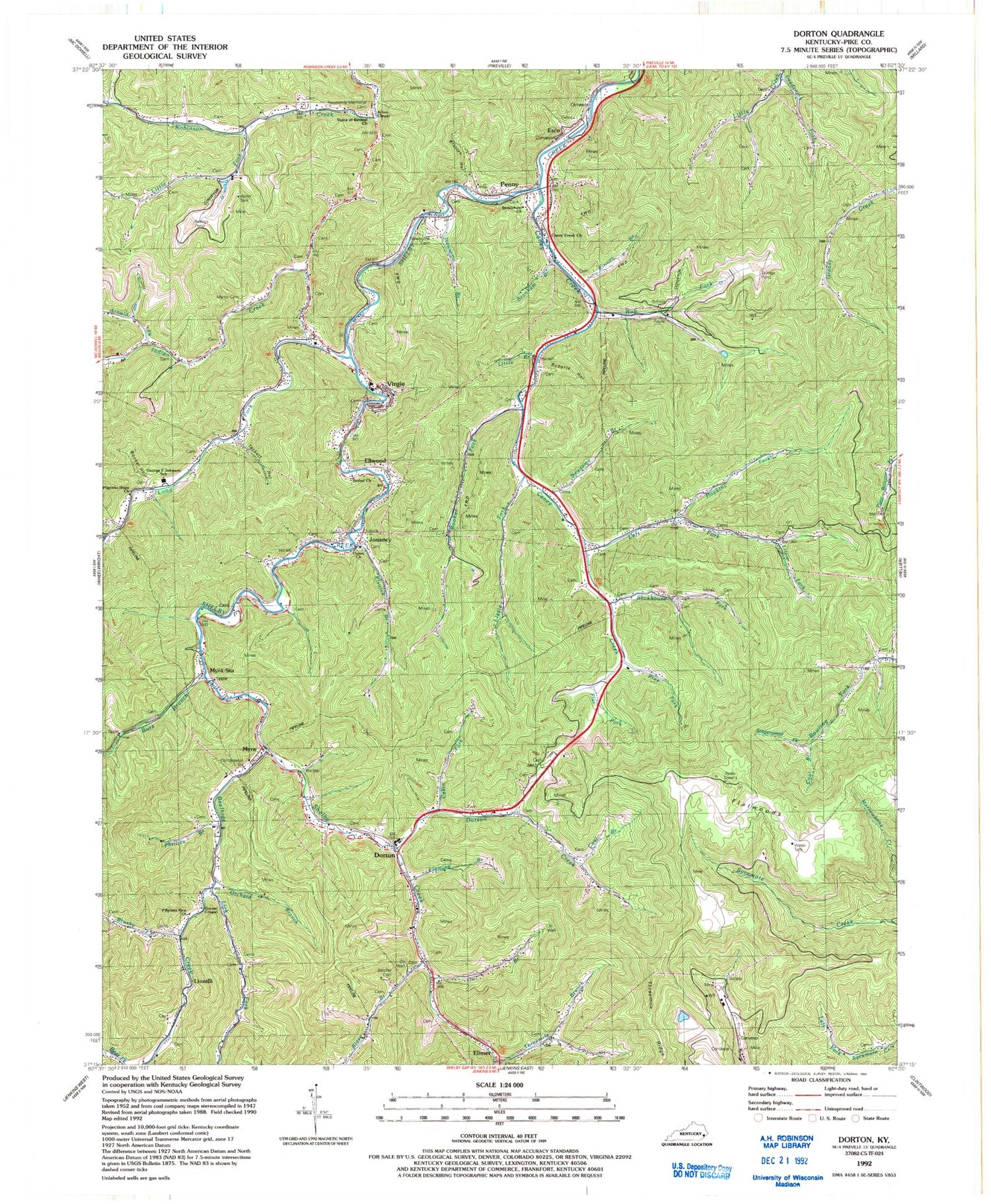 Classic USGS Dorton Kentucky 7.5'x7.5' Topo Map Image