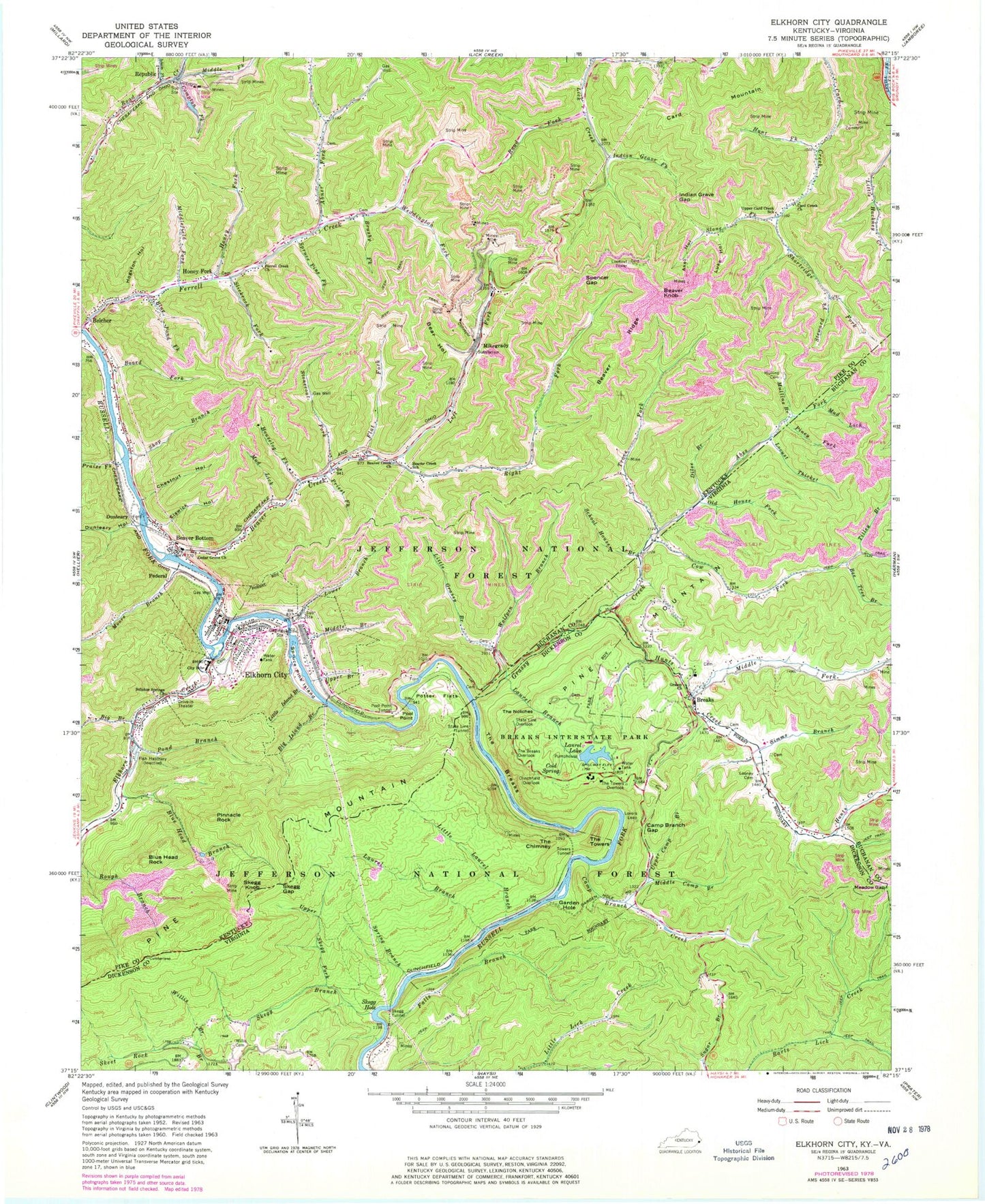 Classic USGS Elkhorn City Kentucky 7.5'x7.5' Topo Map Image