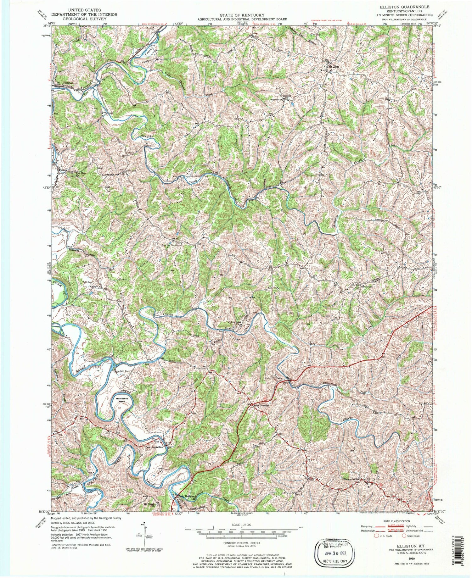 Classic USGS Elliston Kentucky 7.5'x7.5' Topo Map Image