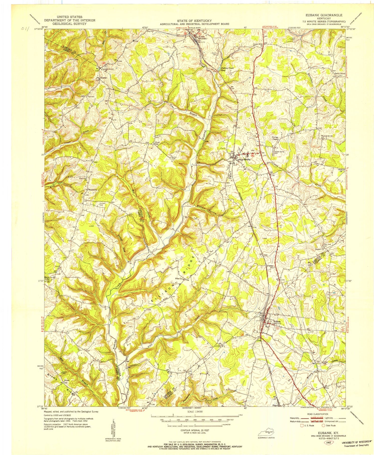 Classic USGS Eubank Kentucky 7.5'x7.5' Topo Map Image