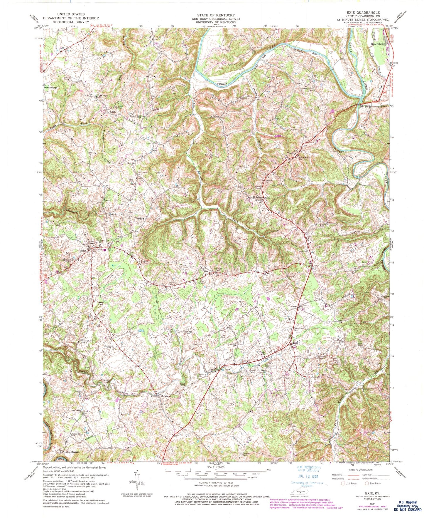 Classic USGS Exie Kentucky 7.5'x7.5' Topo Map Image