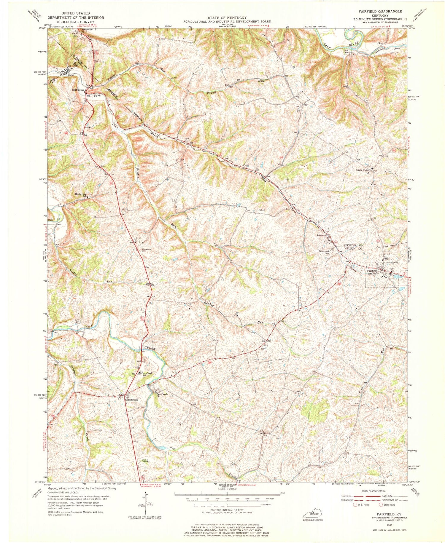 Classic USGS Fairfield Kentucky 7.5'x7.5' Topo Map Image