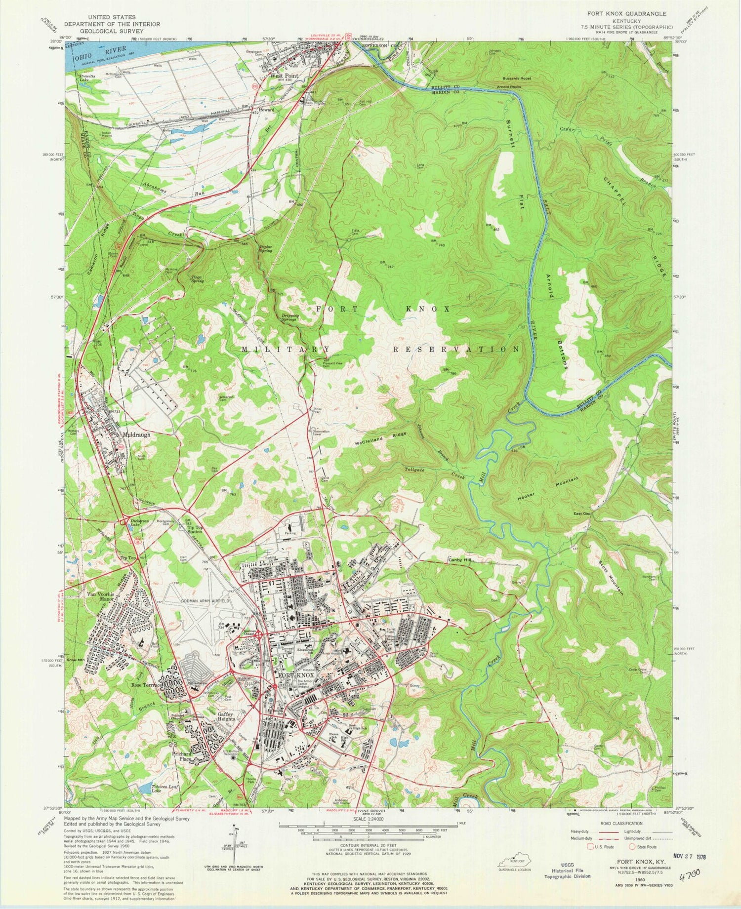 Classic USGS Fort Knox Kentucky 7.5'x7.5' Topo Map Image