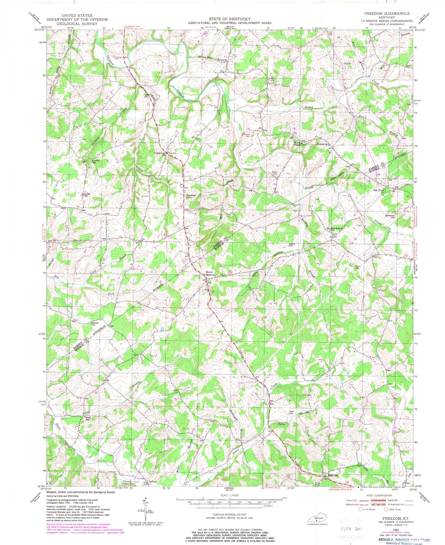 Classic USGS Freedom Kentucky 7.5'x7.5' Topo Map Image