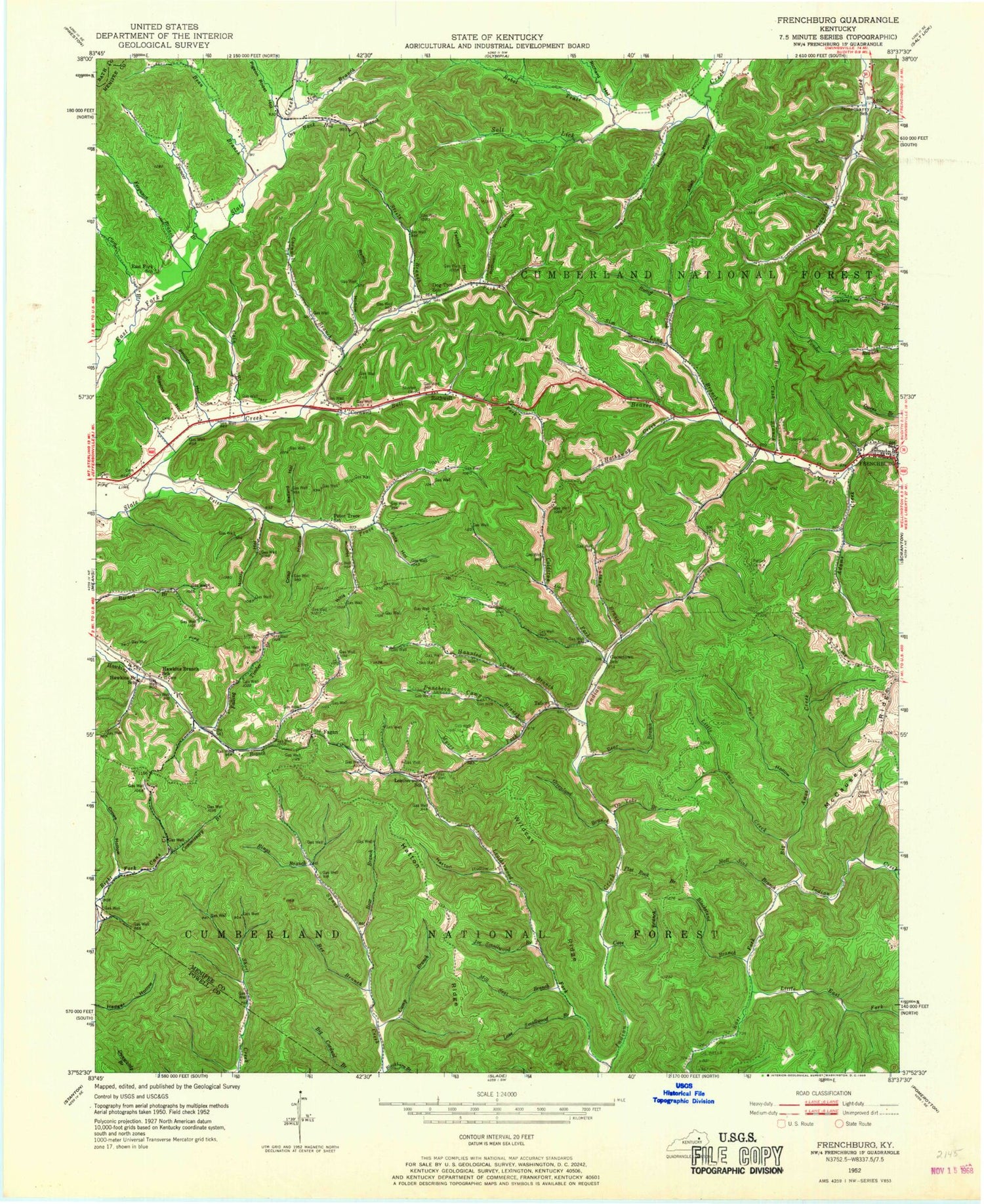 Classic USGS Frenchburg Kentucky 7.5'x7.5' Topo Map Image