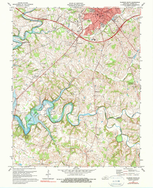Classic USGS Glasgow South Kentucky 7.5'x7.5' Topo Map Image