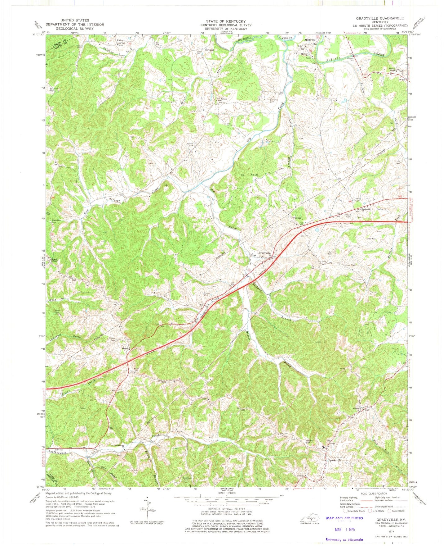 Classic USGS Gradyville Kentucky 7.5'x7.5' Topo Map Image
