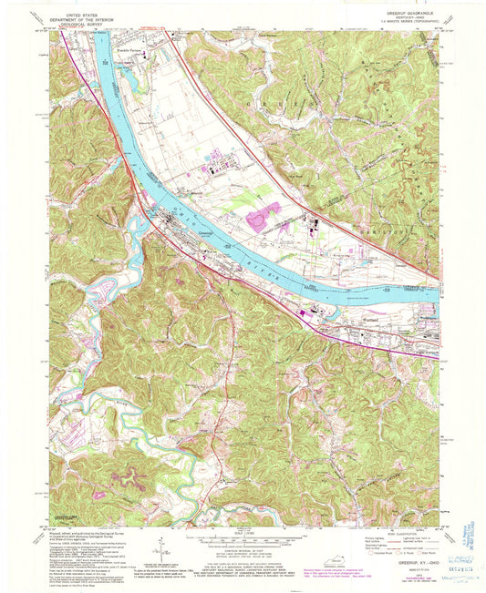 Classic USGS Greenup Kentucky 7.5'x7.5' Topo Map Image