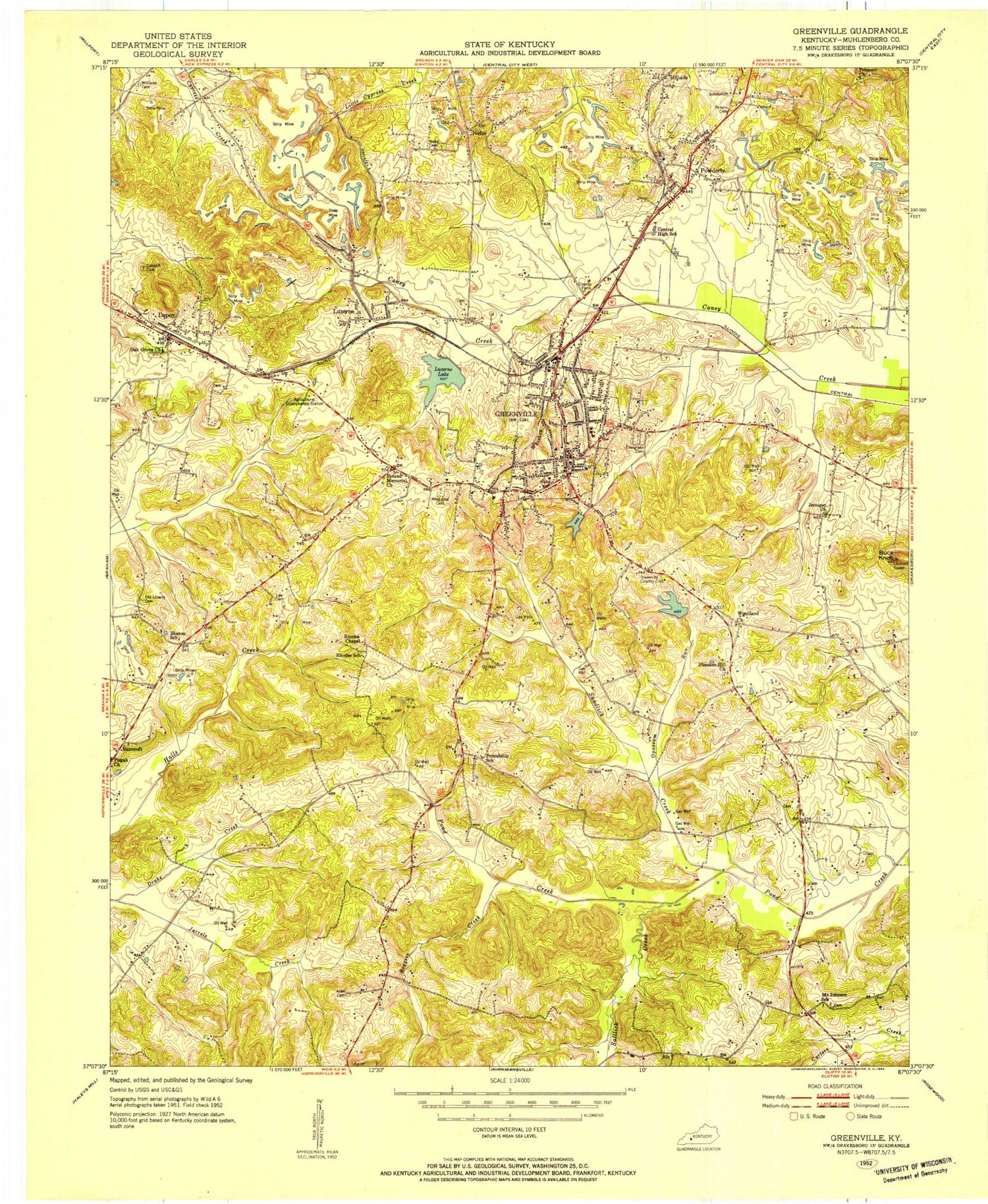 Classic USGS Greenville Kentucky 7.5'x7.5' Topo Map Image