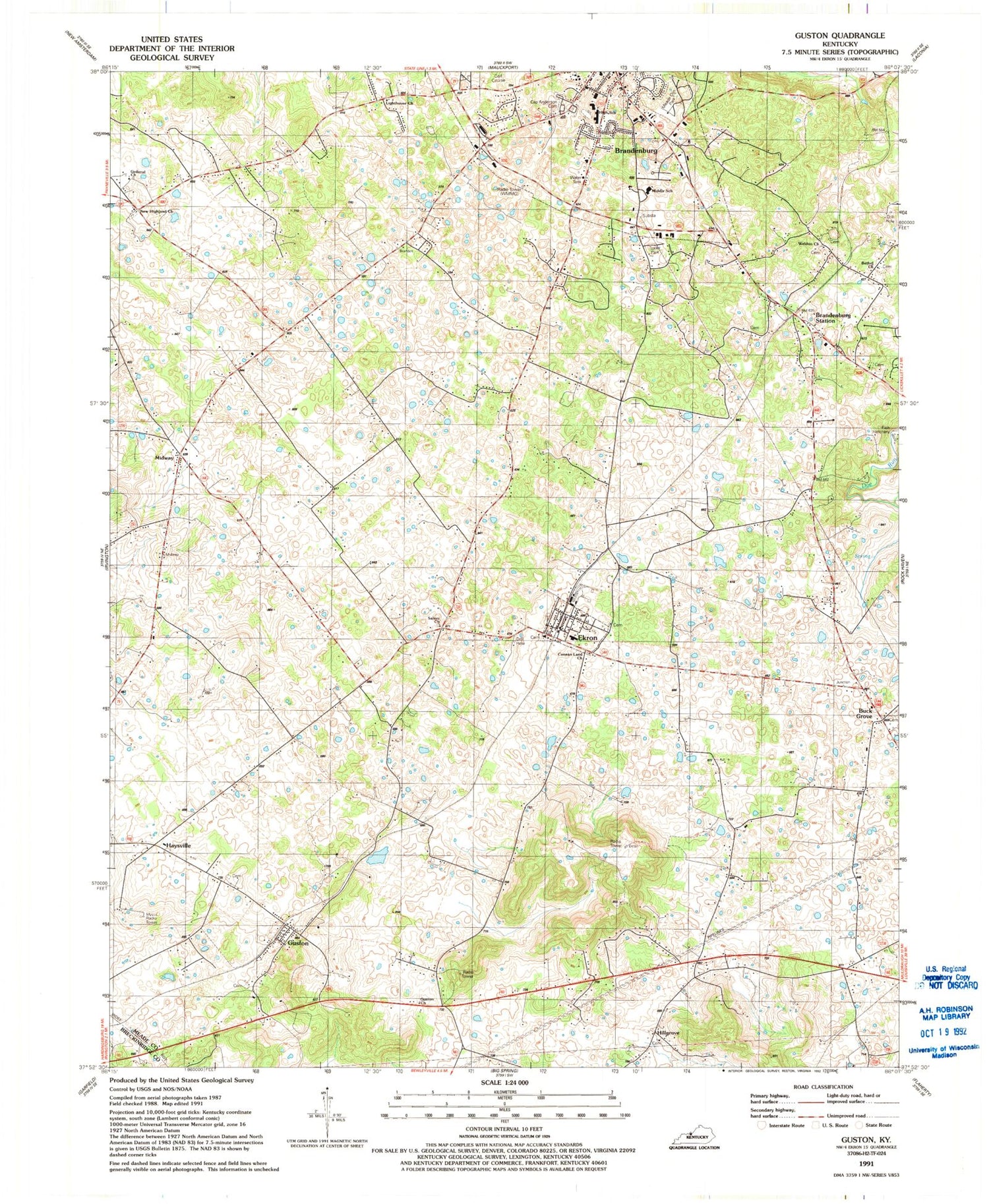 Classic USGS Guston Kentucky 7.5'x7.5' Topo Map Image