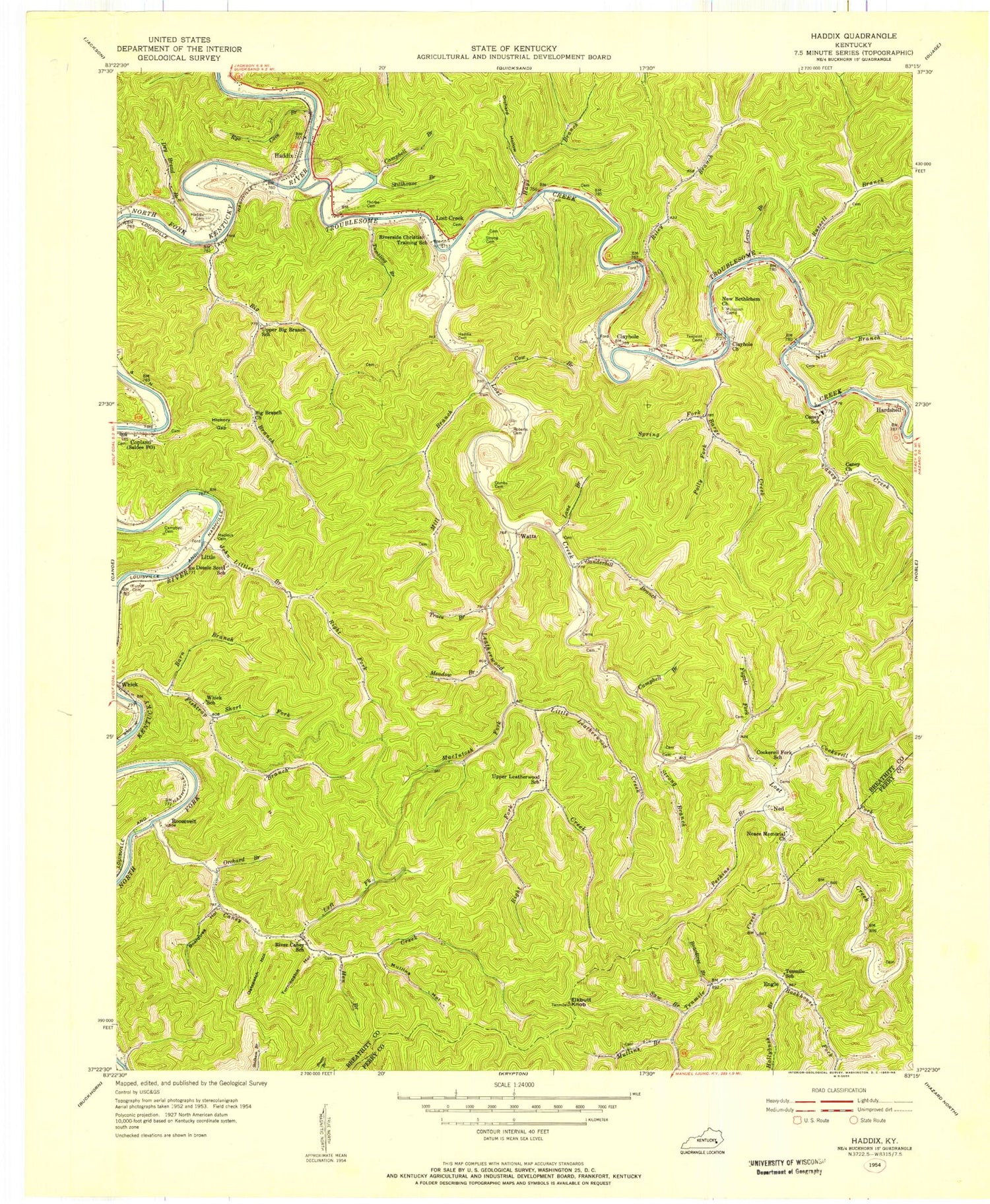 Classic USGS Haddix Kentucky 7.5'x7.5' Topo Map Image