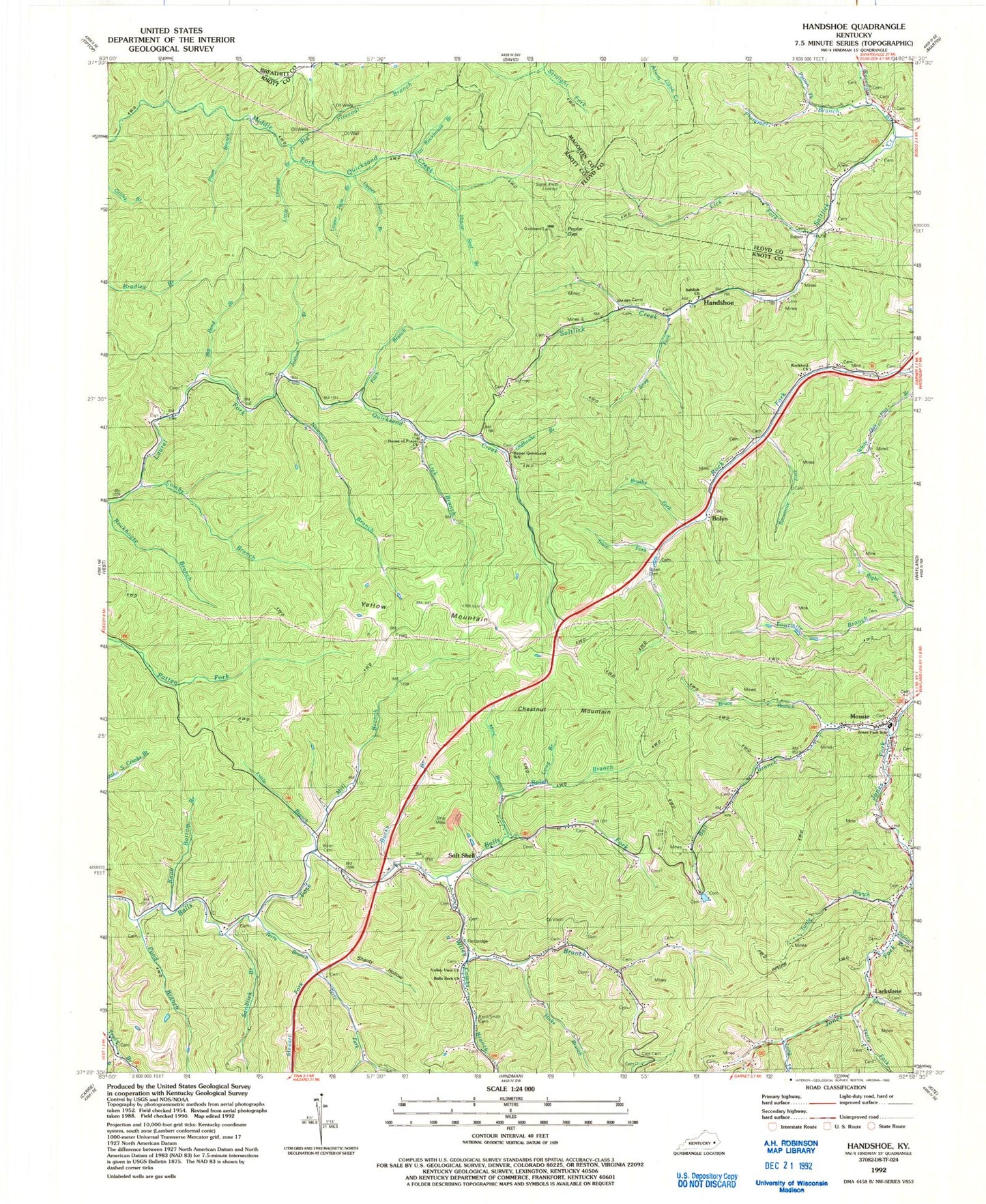 Classic USGS Handshoe Kentucky 7.5'x7.5' Topo Map Image