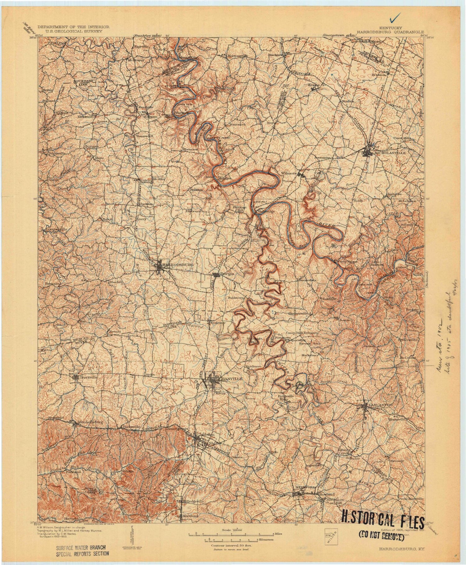 Historic 1905 Harrodsburg Kentucky 30'x30' Topo Map Image