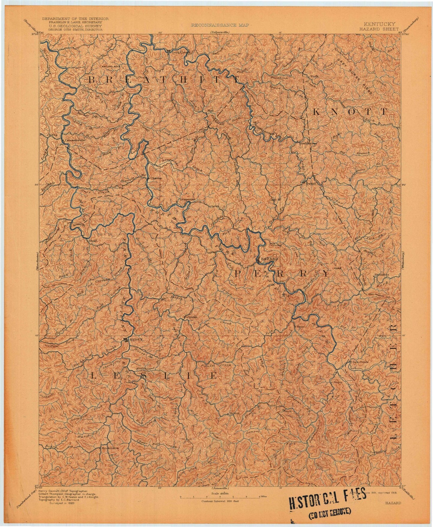 Historic 1891 Hazard Kentucky 30'x30' Topo Map Image