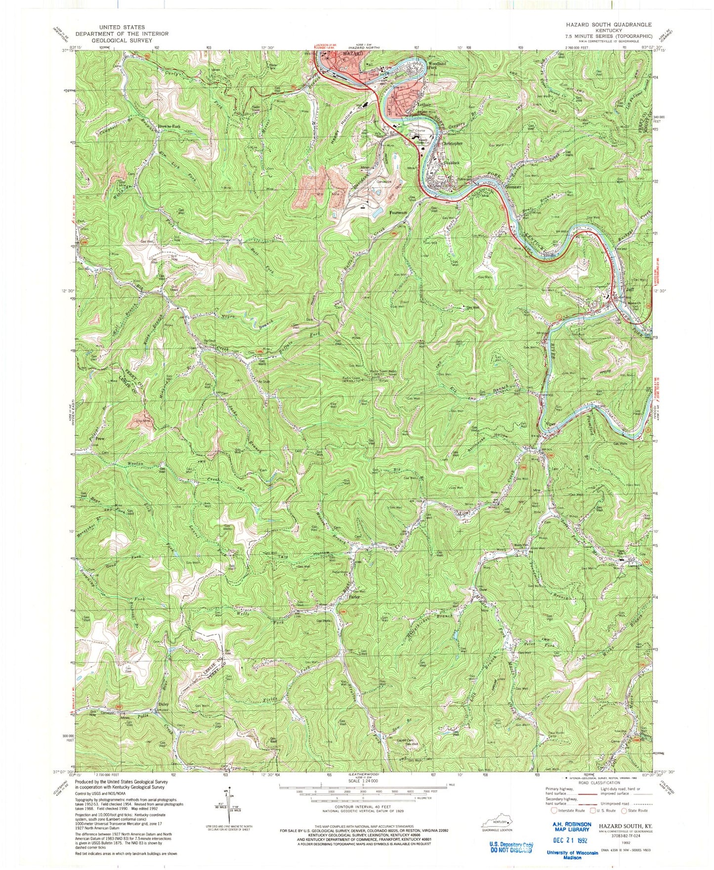 Classic USGS Hazard South Kentucky 7.5'x7.5' Topo Map Image