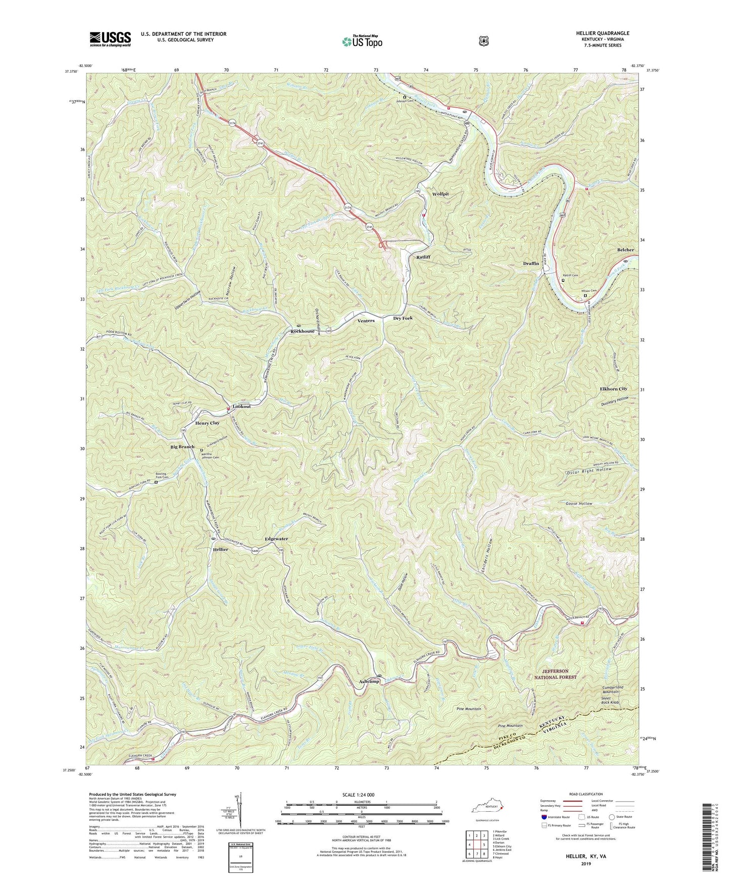 Hellier Kentucky US Topo Map Image