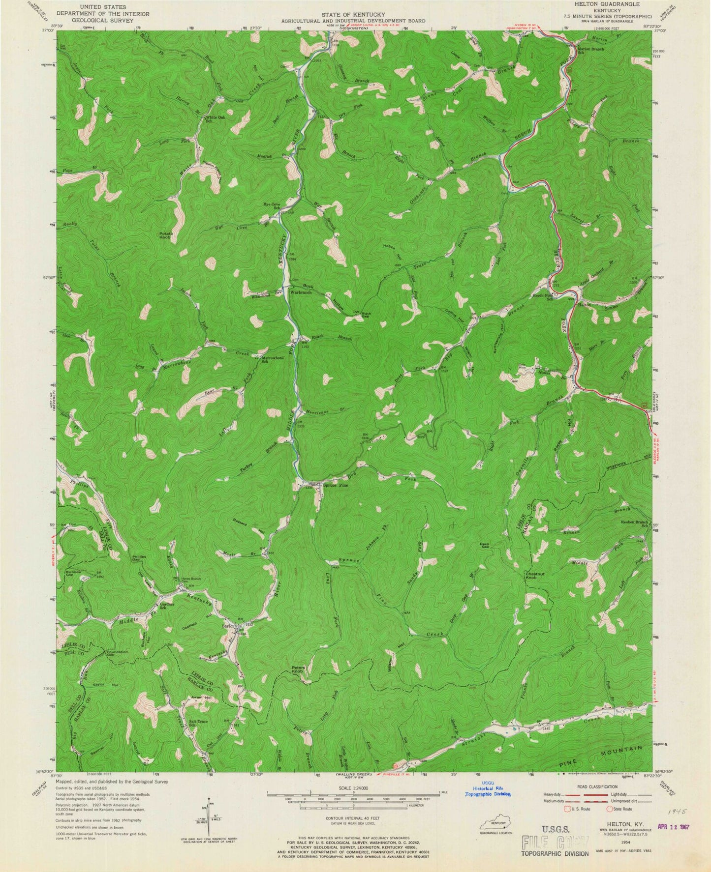 Classic USGS Helton Kentucky 7.5'x7.5' Topo Map Image