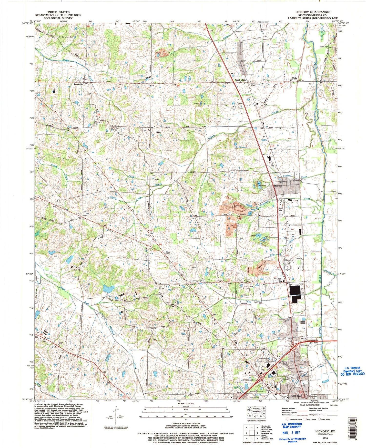 Classic USGS Hickory Kentucky 7.5'x7.5' Topo Map Image