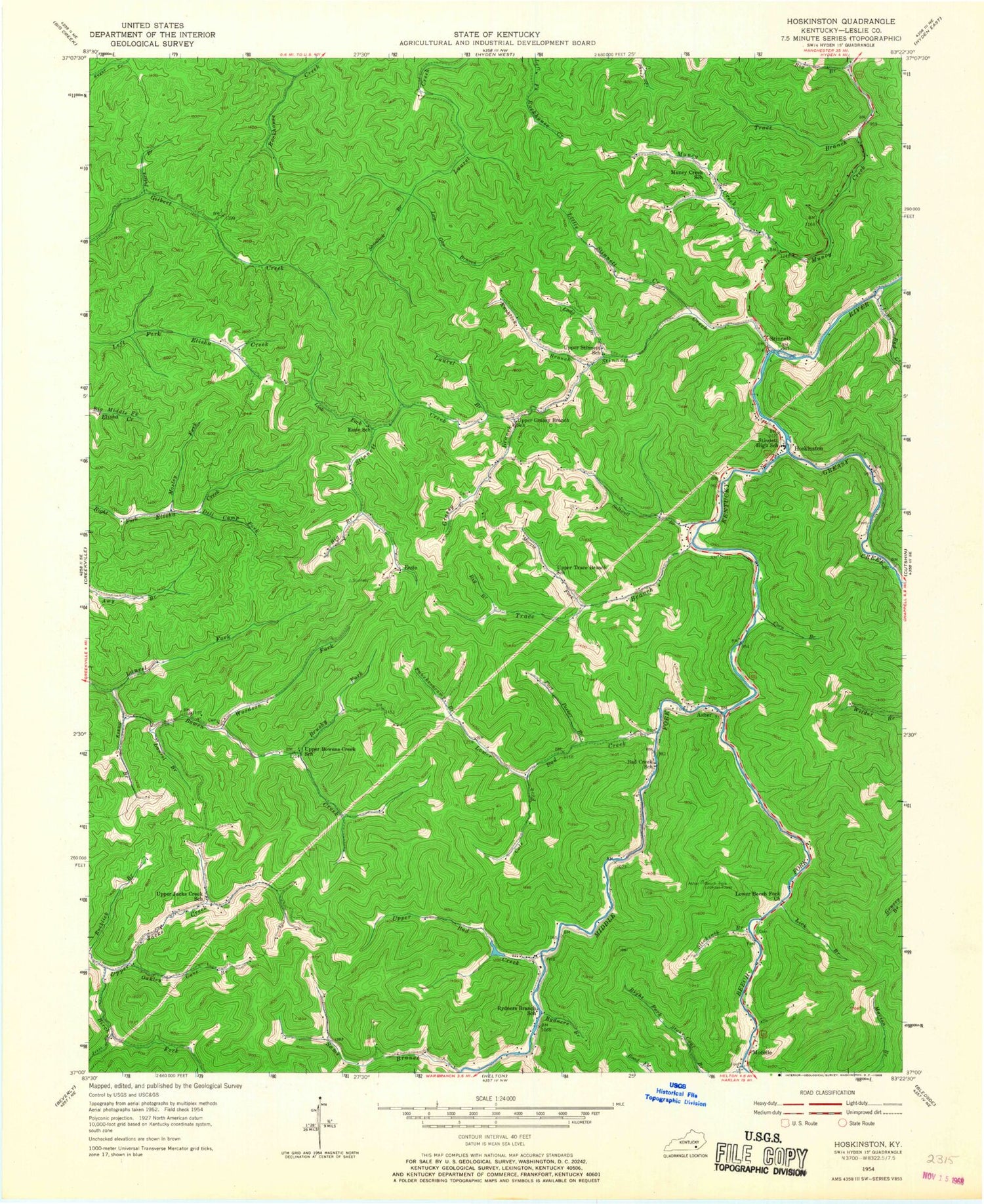 Classic USGS Hoskinston Kentucky 7.5'x7.5' Topo Map Image