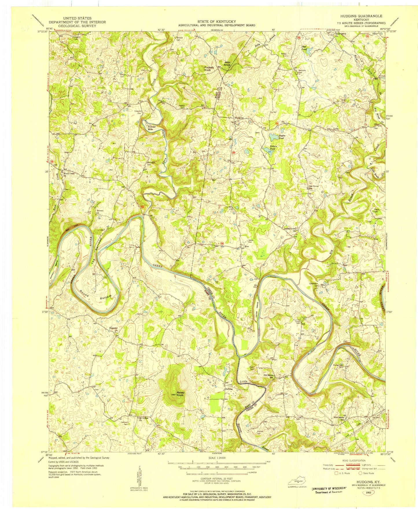 Classic USGS Hudgins Kentucky 7.5'x7.5' Topo Map Image