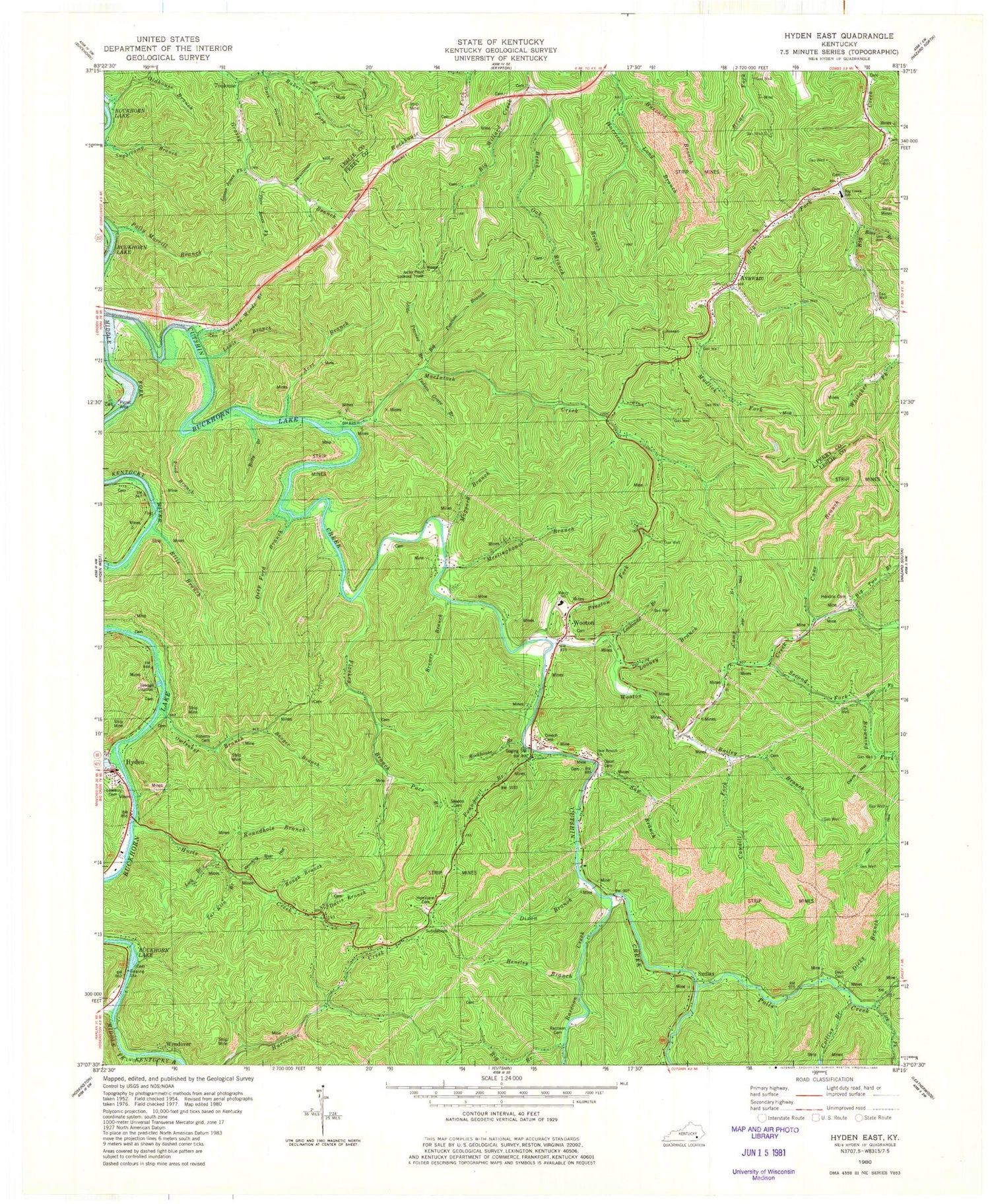 Classic USGS Hyden East Kentucky 7.5'x7.5' Topo Map Image