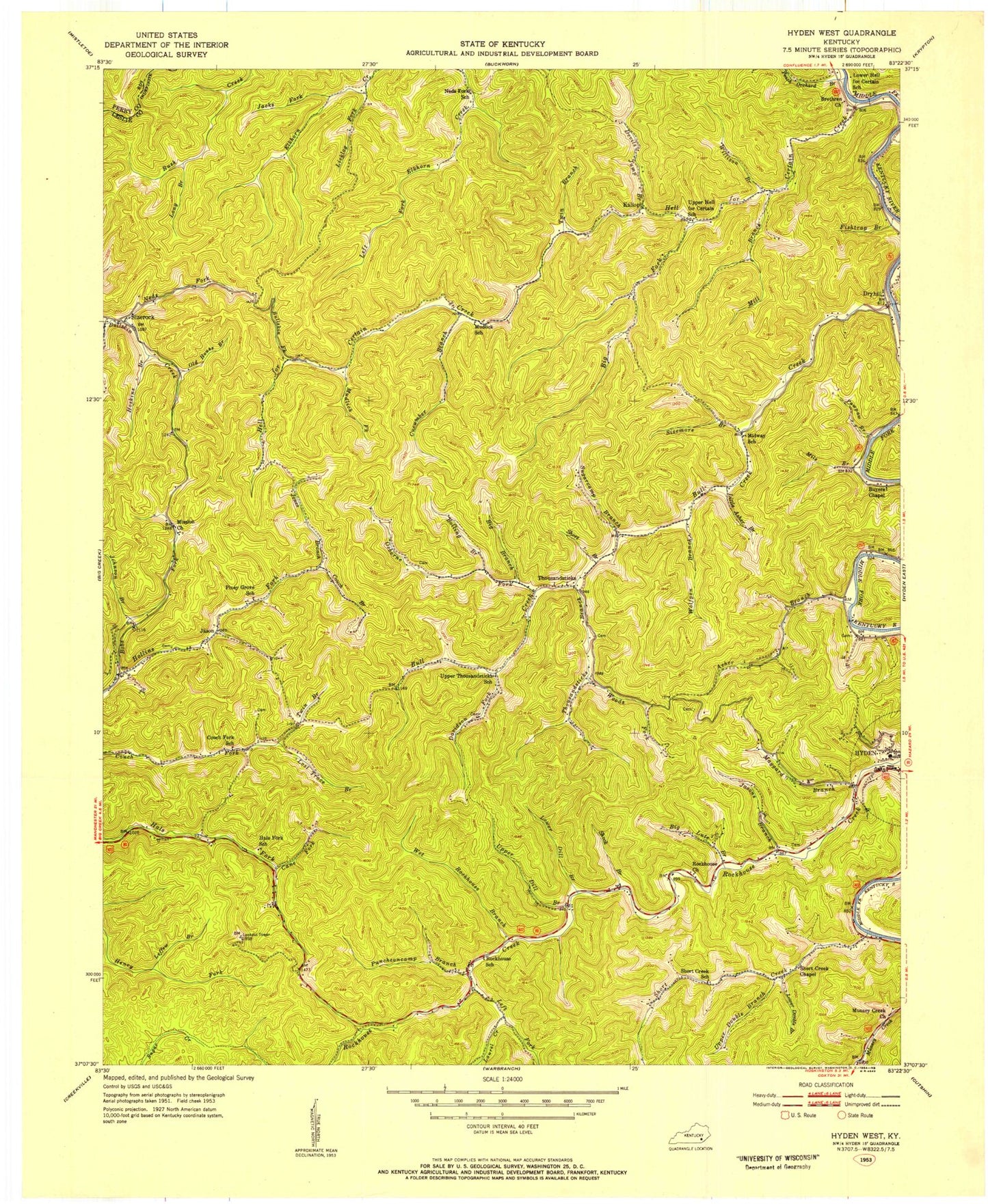 Classic USGS Hyden West Kentucky 7.5'x7.5' Topo Map Image