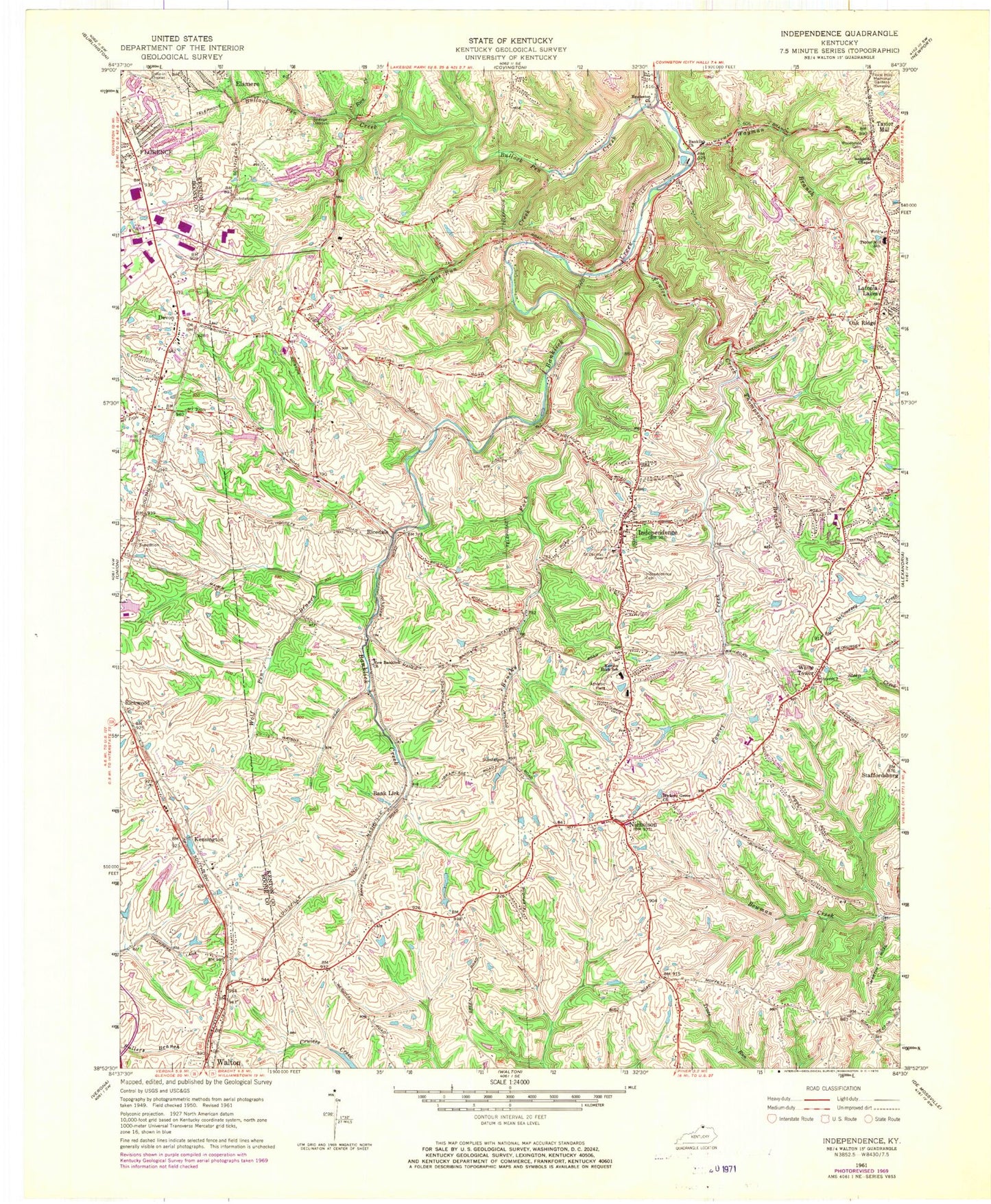 Classic USGS Independence Kentucky 7.5'x7.5' Topo Map Image