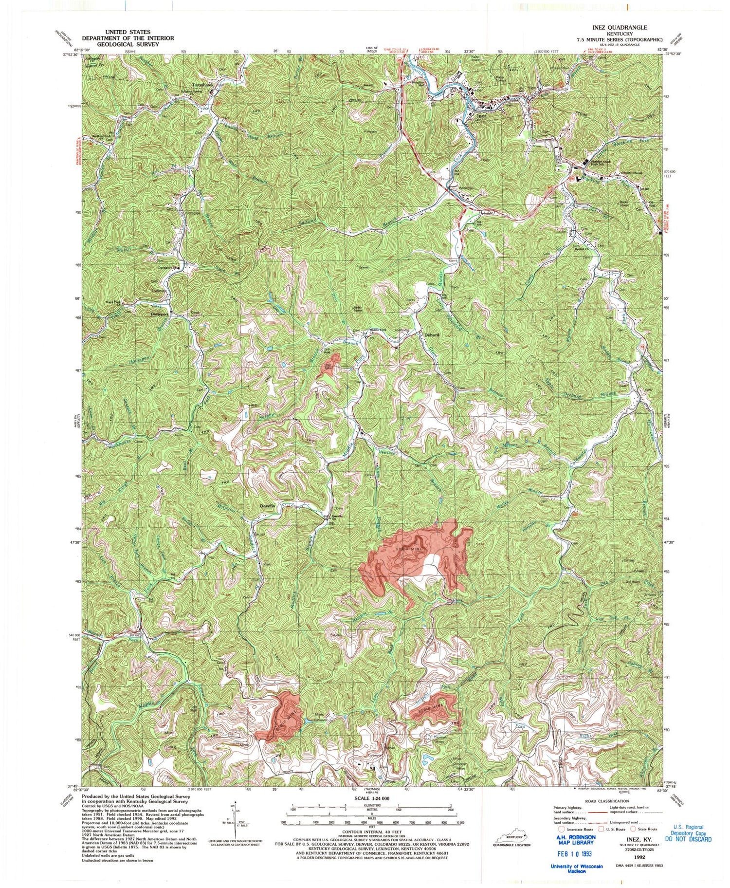 Classic USGS Inez Kentucky 7.5'x7.5' Topo Map Image