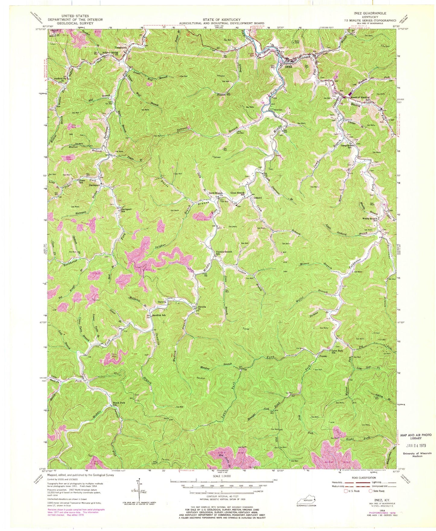 Classic USGS Inez Kentucky 7.5'x7.5' Topo Map Image