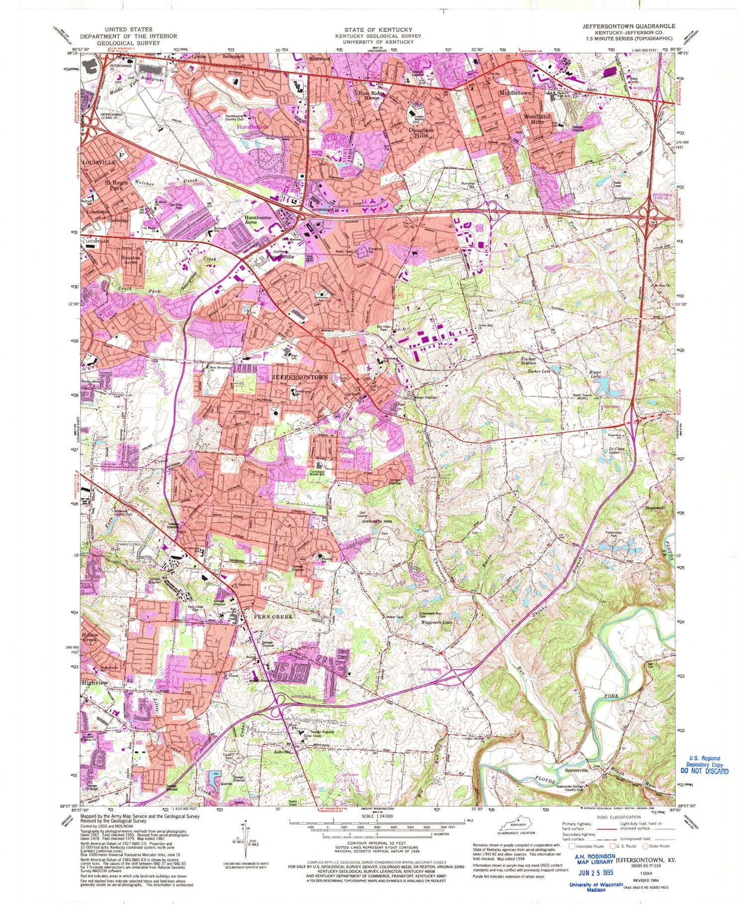 Classic USGS Jeffersontown Kentucky 7.5'x7.5' Topo Map Image