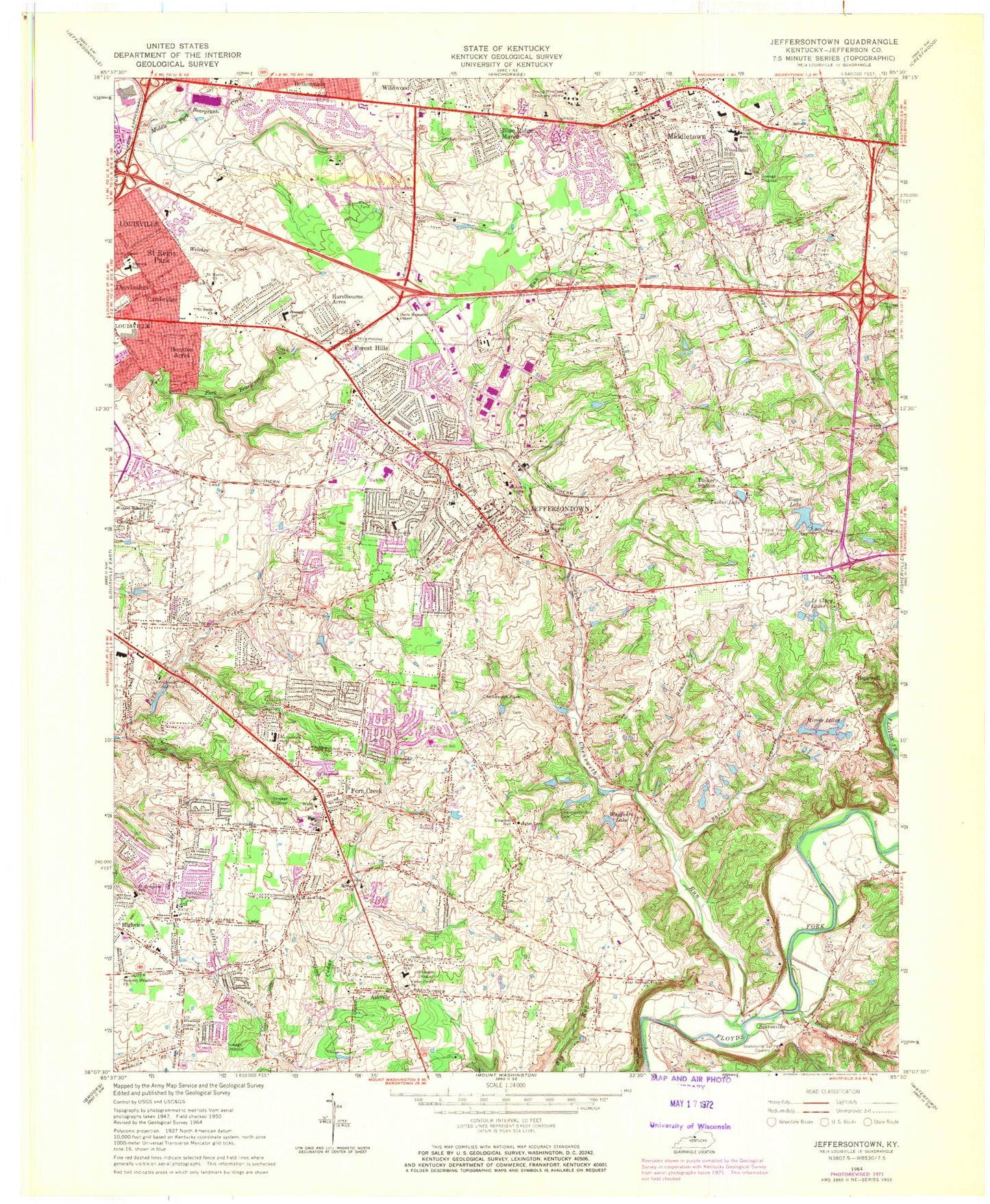 Classic USGS Jeffersontown Kentucky 7.5'x7.5' Topo Map Image