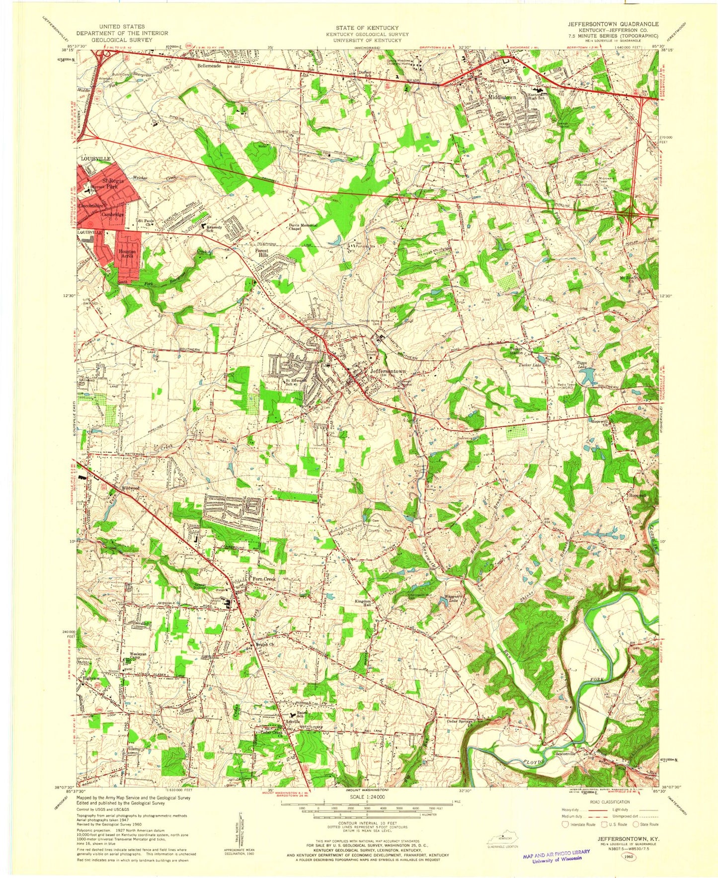 Classic USGS Jeffersontown Kentucky 7.5'x7.5' Topo Map Image