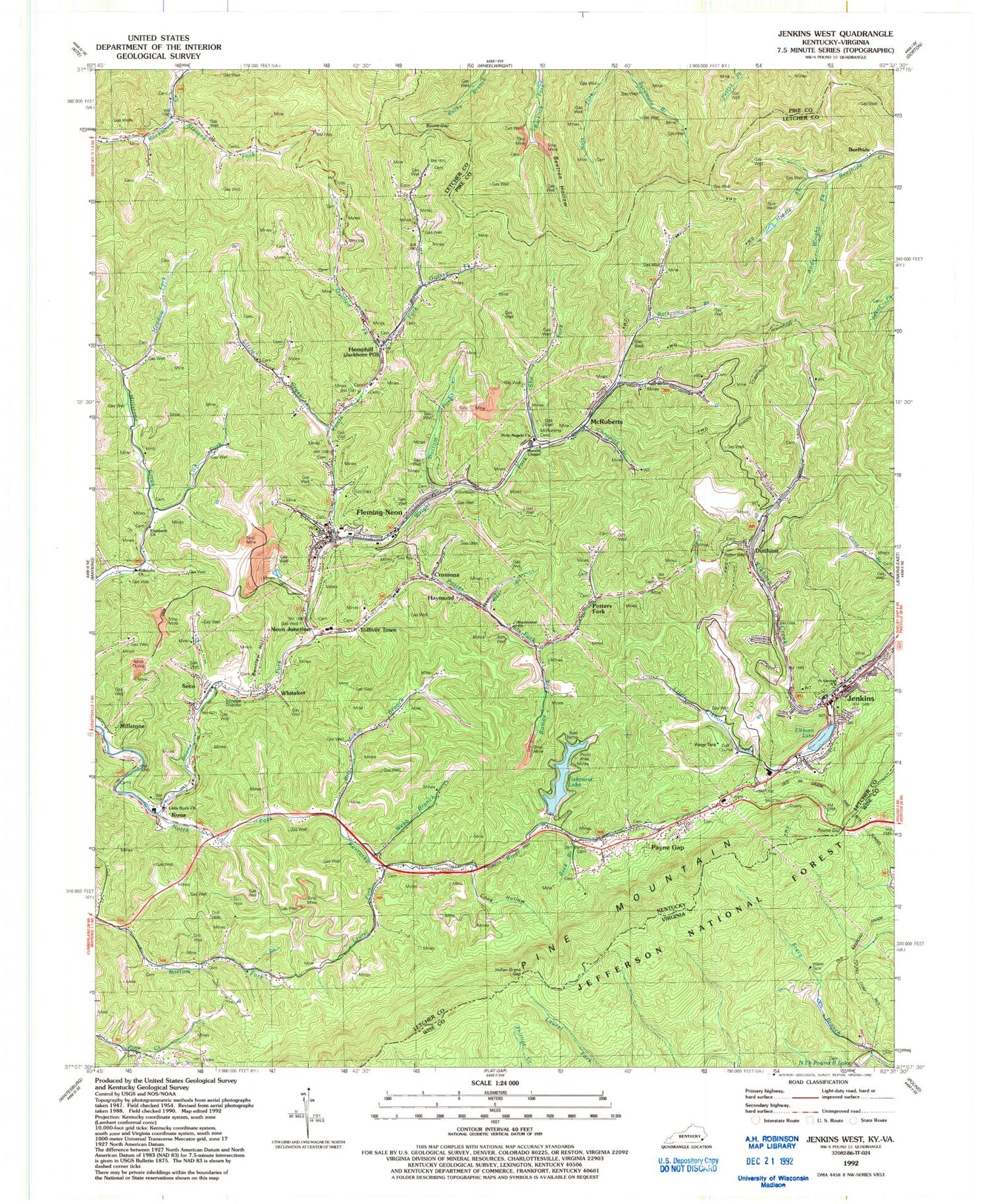 Classic USGS Jenkins West Kentucky 7.5'x7.5' Topo Map Image
