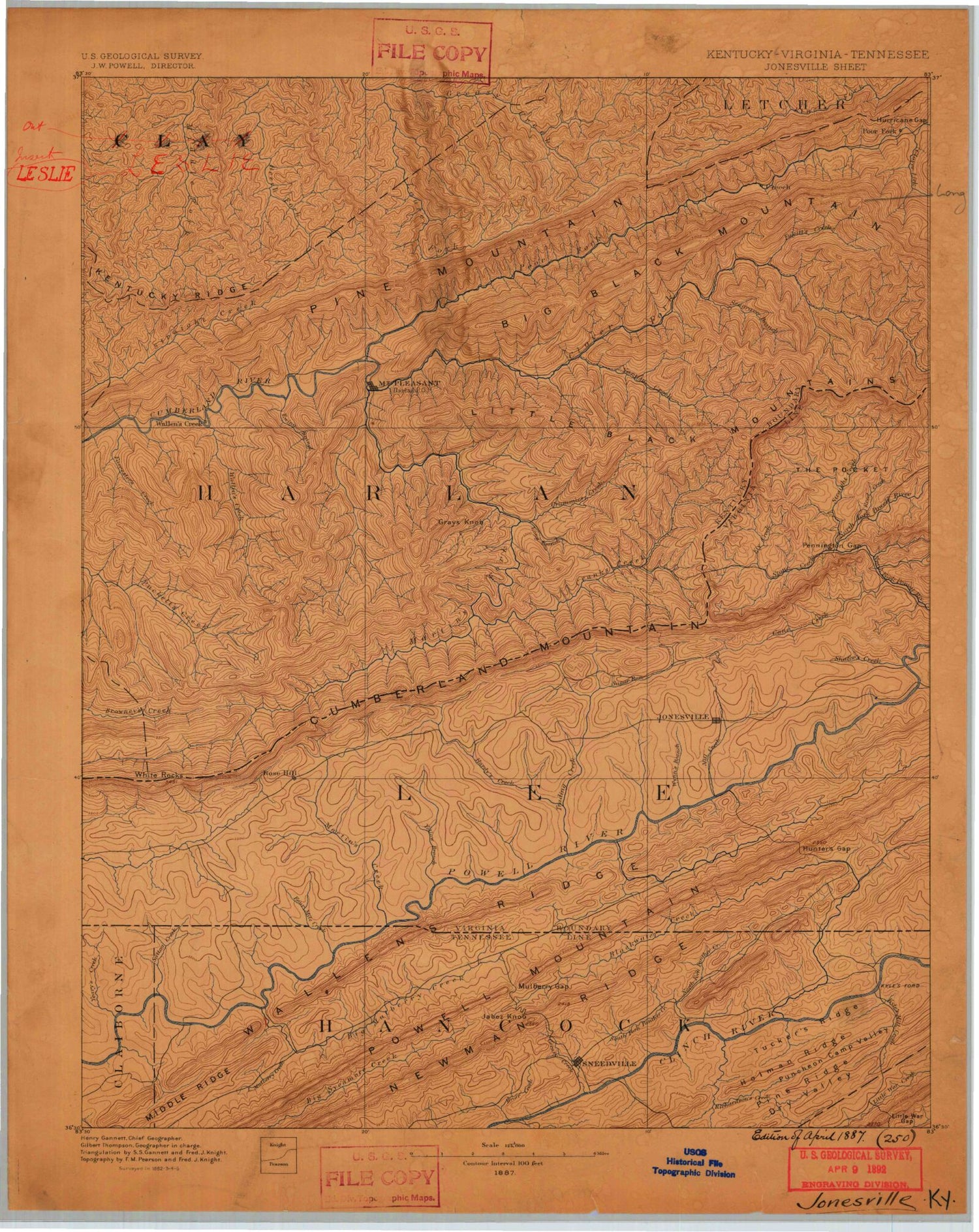Historic 1887 Jonesville Kentucky 30'x30' Topo Map Image