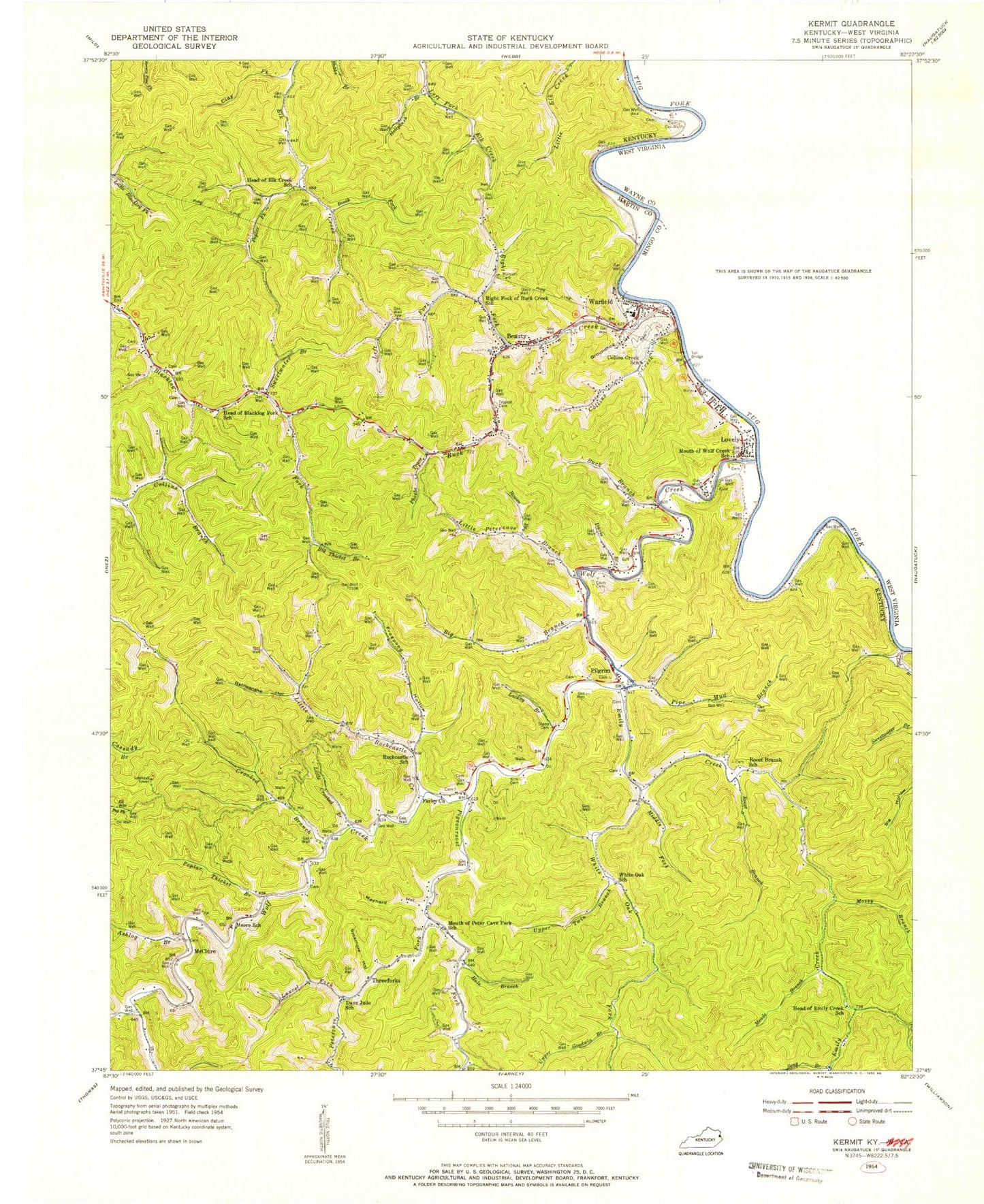 Classic USGS Kermit West Virginia 7.5'x7.5' Topo Map Image