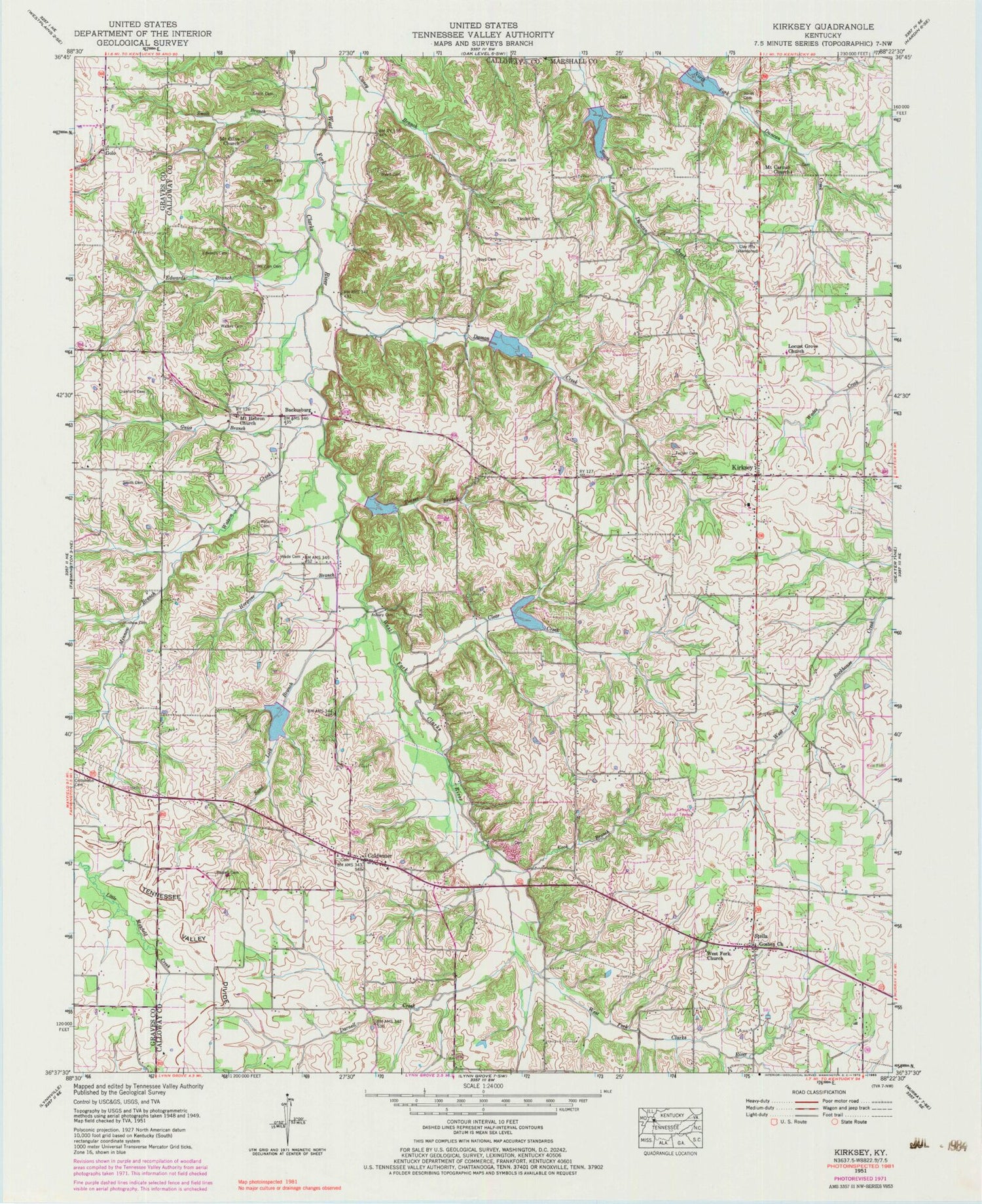 Classic USGS Kirksey Kentucky 7.5'x7.5' Topo Map Image
