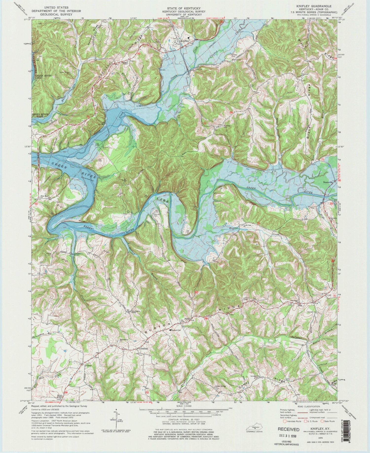 Classic USGS Knifley Kentucky 7.5'x7.5' Topo Map Image
