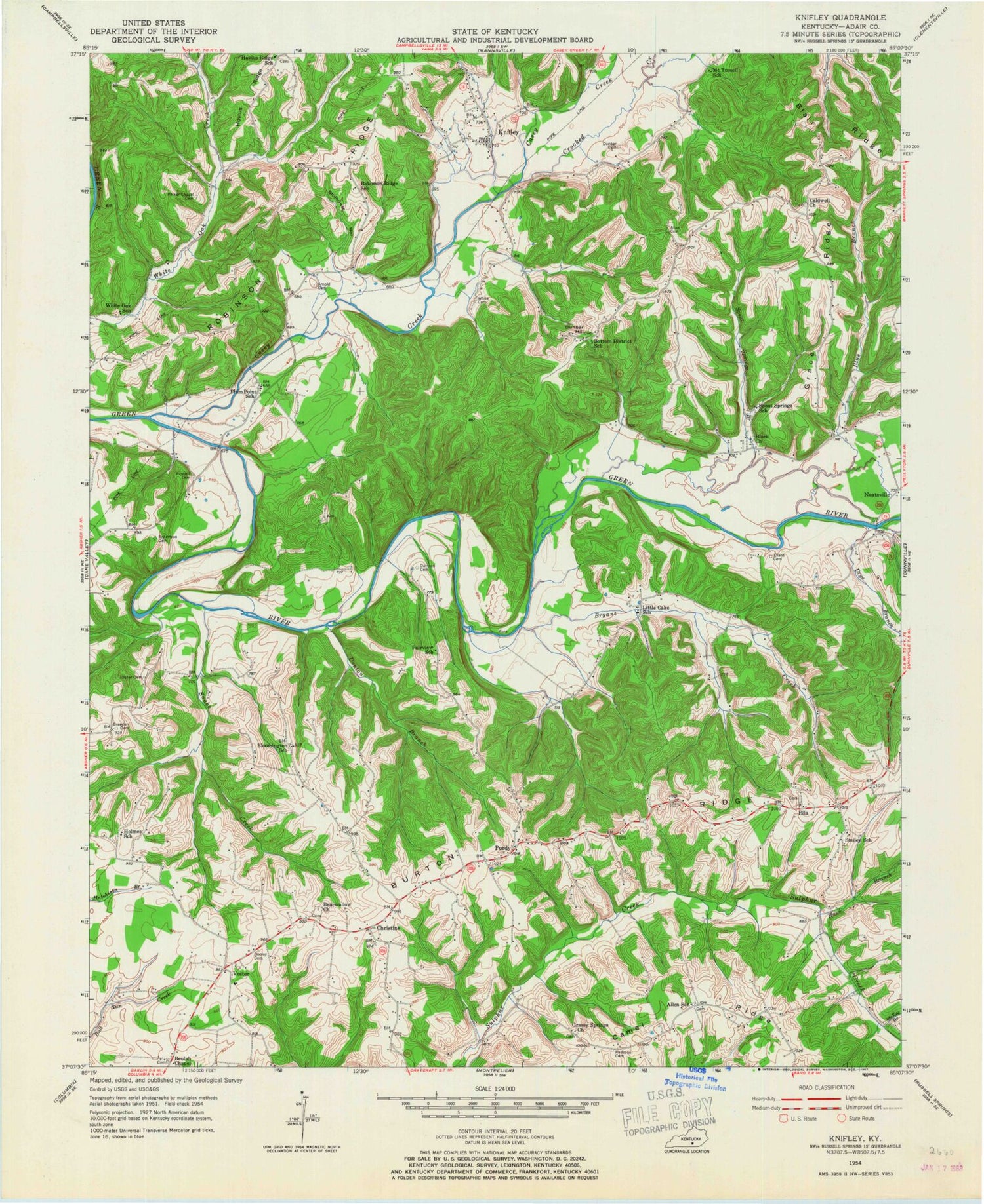 Classic USGS Knifley Kentucky 7.5'x7.5' Topo Map Image