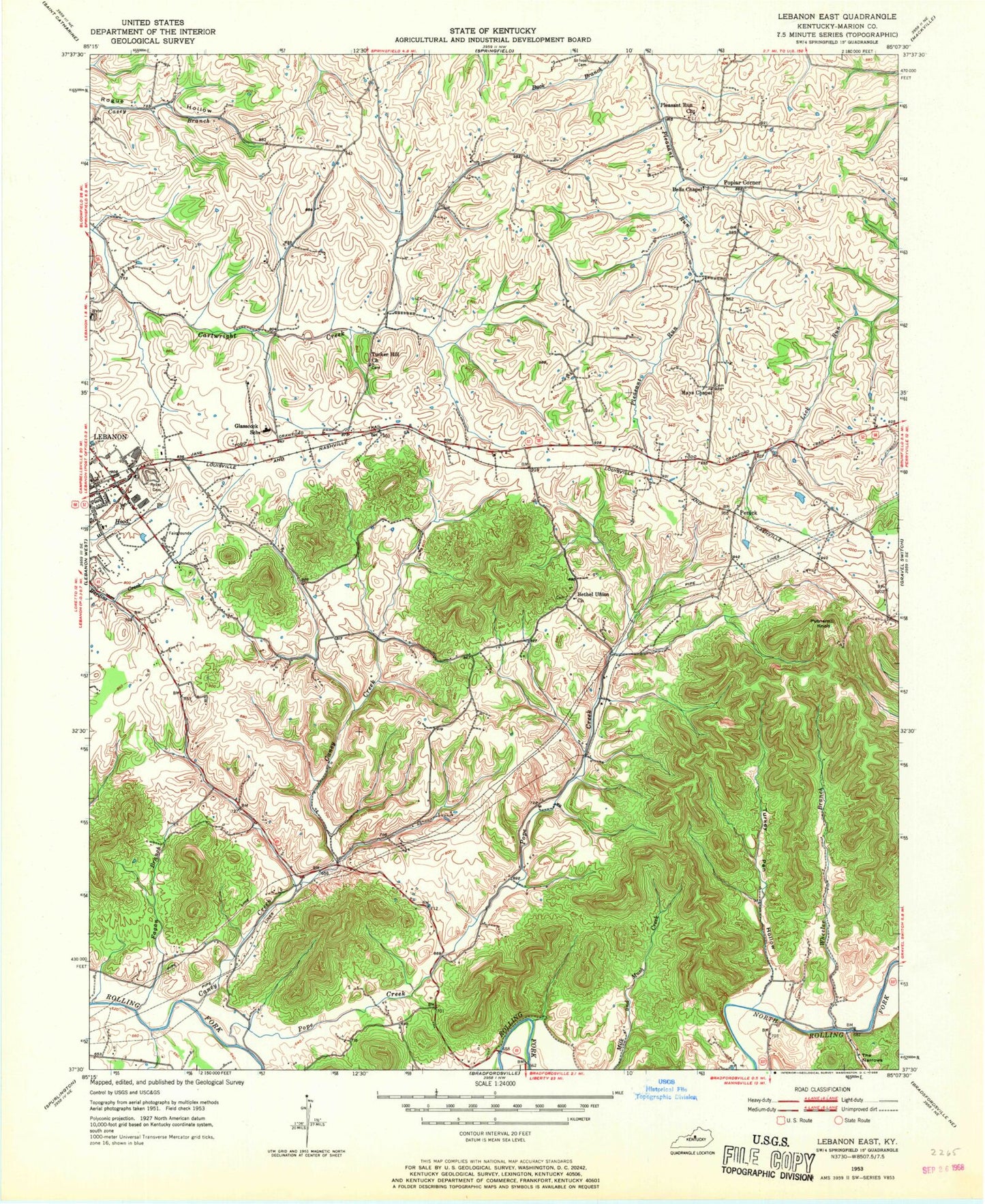 Classic USGS Lebanon East Kentucky 7.5'x7.5' Topo Map Image